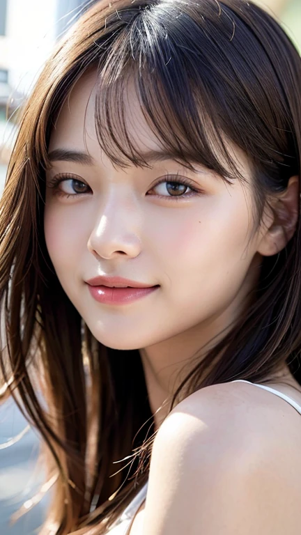 With the alleys of Kyoto in the background、18 year old girl、independent、facing forward、Light eye makeup、brown hair color、Flat 、hair blowing in the wind、quality of actress、shiny, super realistic face、smileの表情、Moist eyes、look up、calming lighting effect、 ultra-realistic capture、very detailed、High resolution 16K close-up of human skin。Skin texture must be natural、Must be detailed enough to see pores、skin is healthy、Must be even tone、Use natural light and color、High quality photos taken by a modeling agency'Exclusive photographer、smile