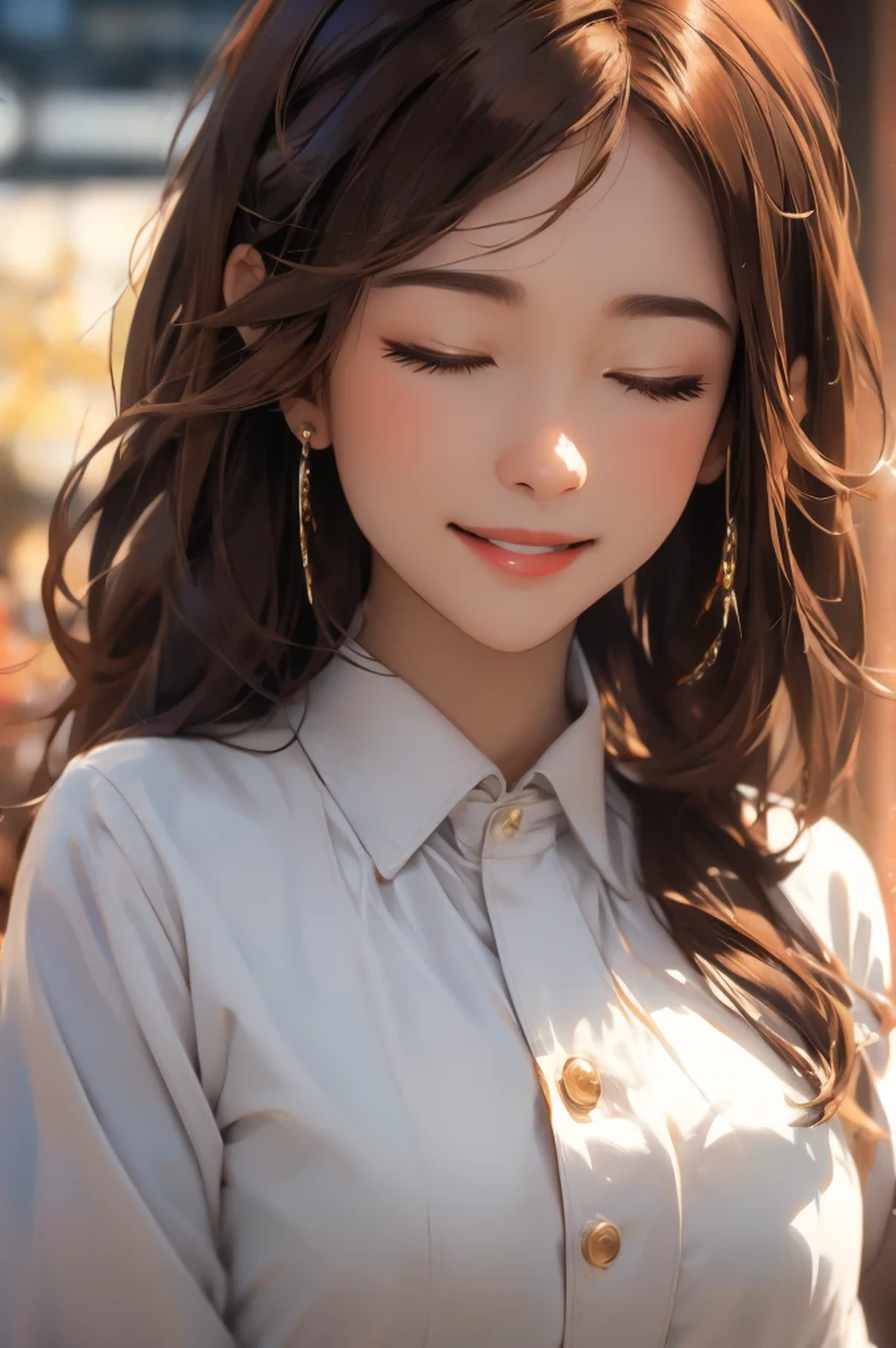 brown hair,, (masterpiece, best quality), brown eyes, (closed eyes:1.2), smile, face_focus, looking_at_viewer, dynamic_angle, depth of field,