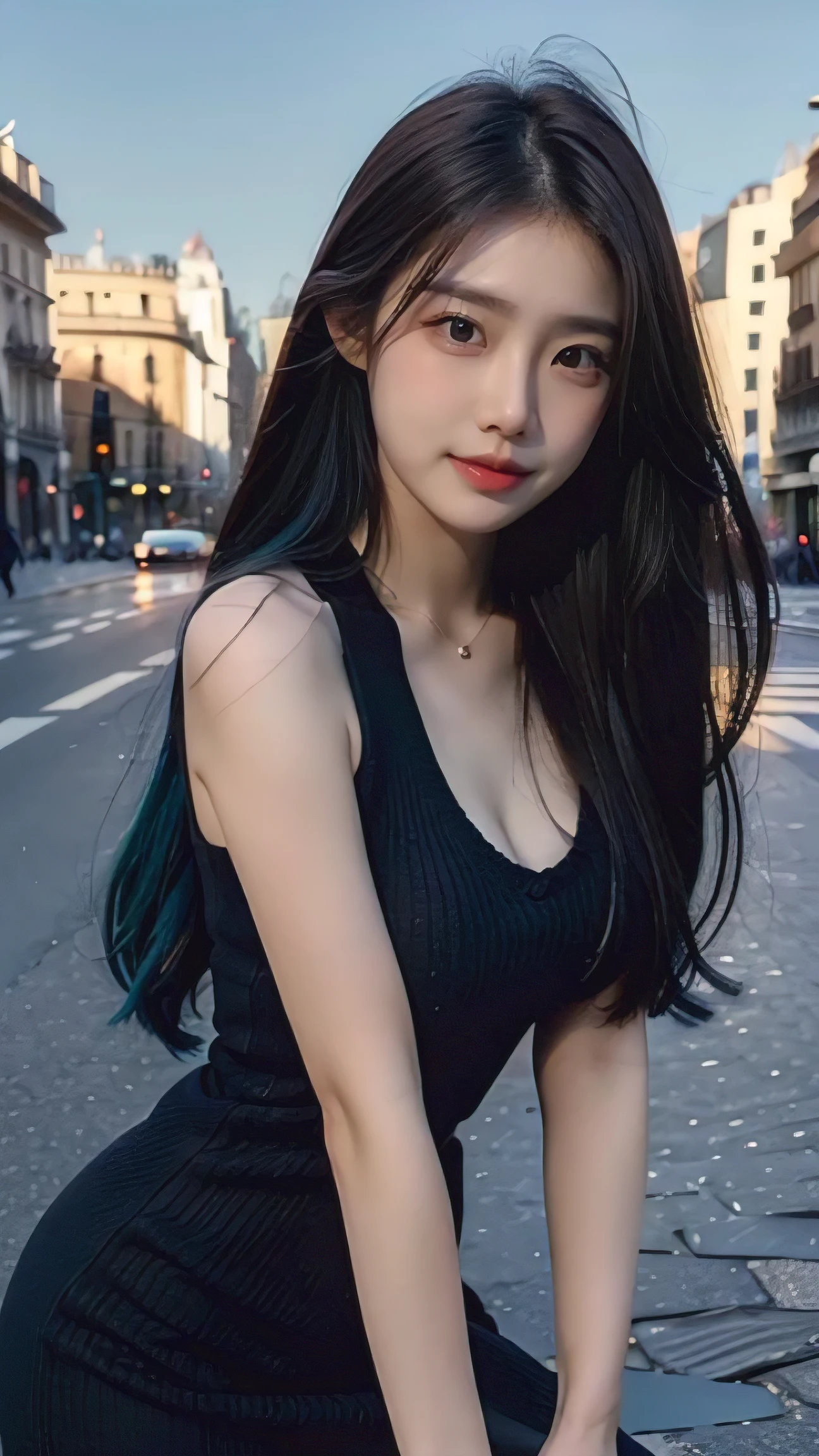High resolution, masterpiece, highest quality, Ultra Definition 8K Wallpapers, very clear, Majestic panoramic view:1.3, (detailed beautiful face):1.2, A confident and calm smile,(multicolored)hair, (blue)hair, Wavy long hair, (black)knit dress 1 girl, alone, Street lined with unique buildings and structures, La Rambla, in Barcelona, exuding confidence while looking directly at the camera