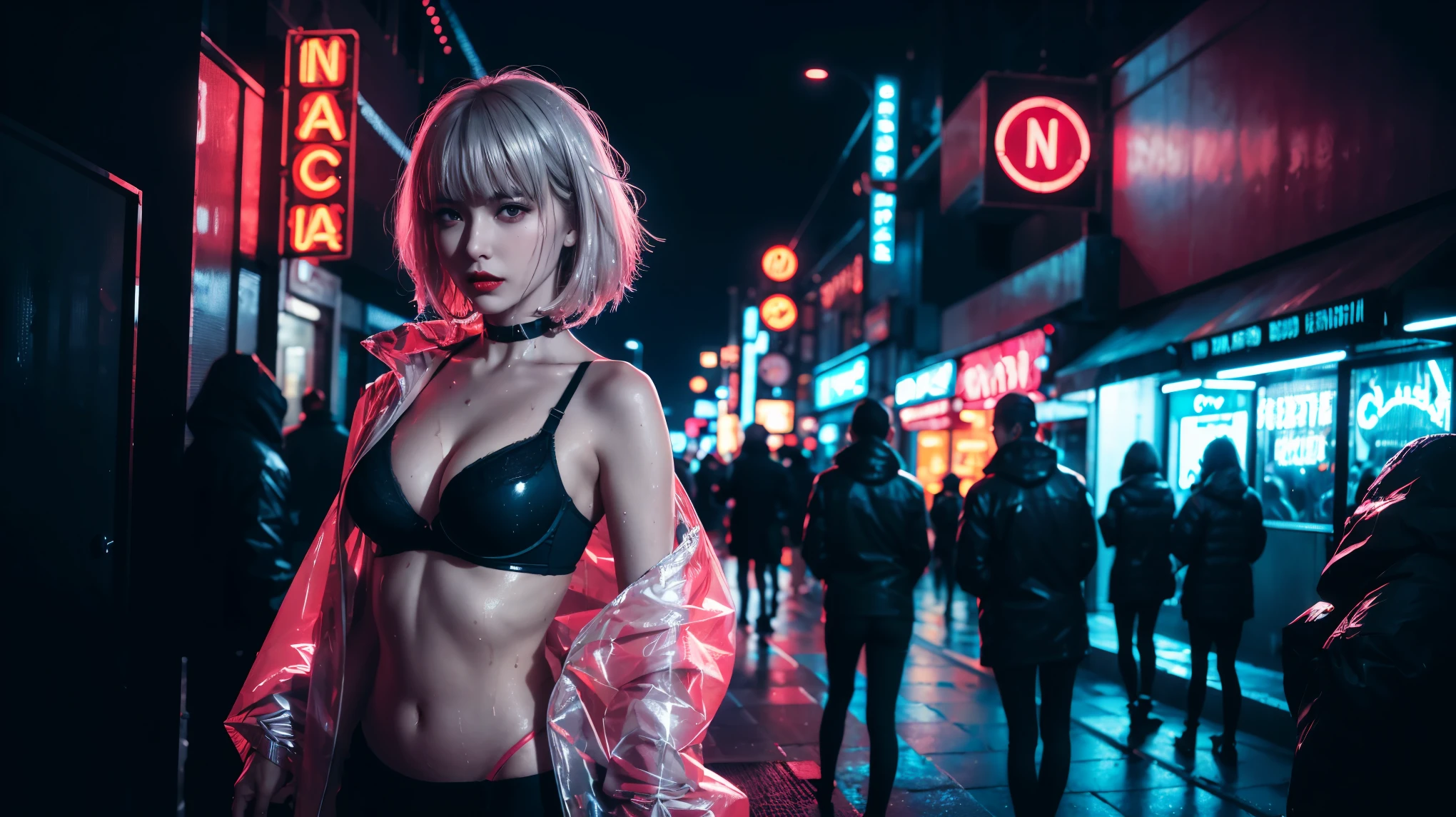 Neon Noir Beautiful Female,Looking at Viewer, . Cyberpunk, Dark, City of Rains, neon signs, outside the double door of a nightclub, High contrast, low illuminance, Vibrant, Highly detailed, silver hair color, shoulder length bobcut hair, wet hair, Luminous Eyes, cherry red lipstick, transparent plastic rain jacket, black skin tight bra, heavy rain