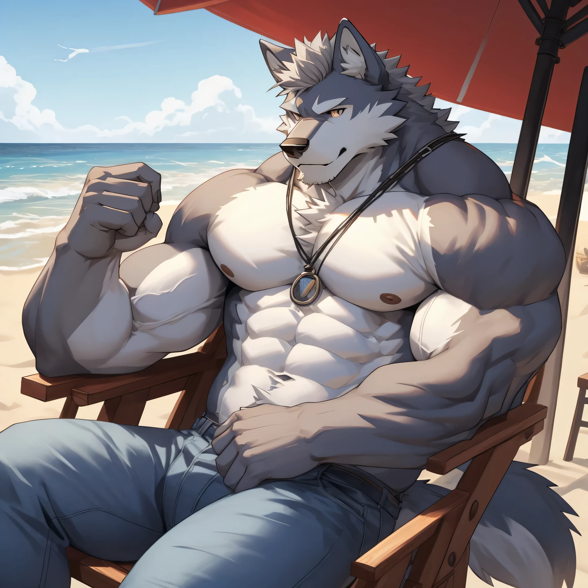 male, muscular,Wolf,only,The upper body is unclothed,Wearing light blue jeans,The background is the beach,big muscles,sit on the chair,high quality,high detail,8K,All white,gray hair