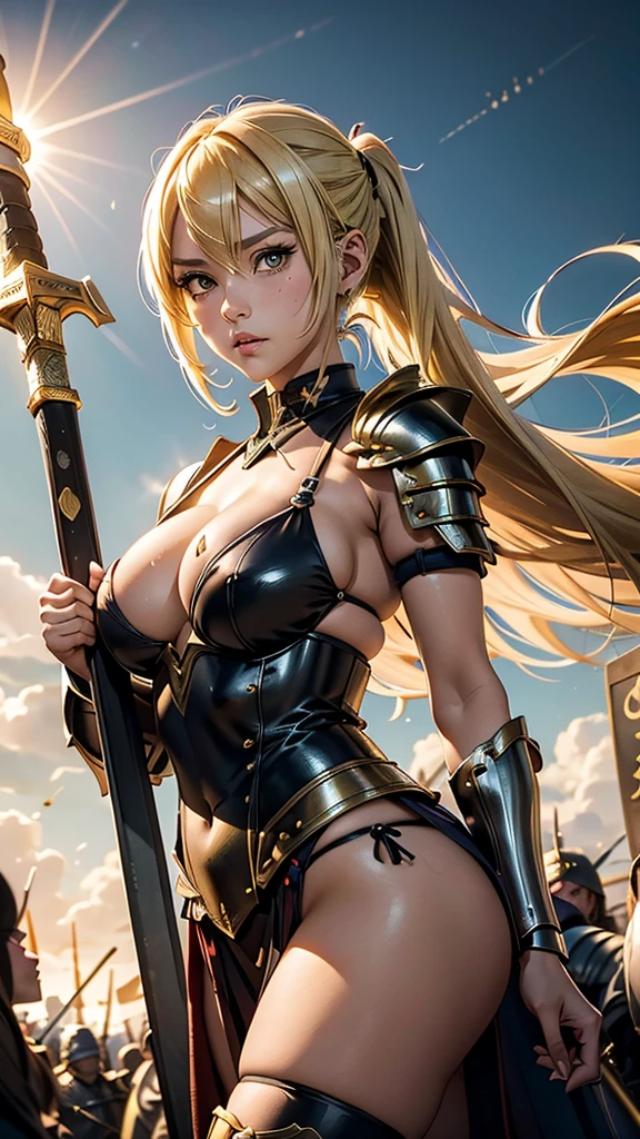 anime (mato seihei no slave), female young , sexy (very big tits), actress (Jenna Staples), yellow hair, tall, toned, and voluptuous woman with long hair tied into a side ponytail, Wear Valkyrie Armor , holding a sword and shield , She is at war with the Horde.