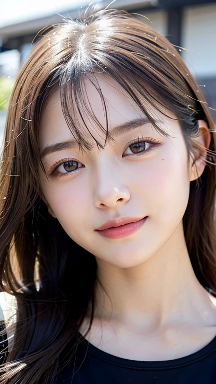 With the alleys of Kyoto in the background、18 year old girl、independent、facing forward、Light eye makeup、brown hair color、Flat 、hair blowing in the wind、quality of actress、shiny, super realistic face、smileの表情、Moist eyes、look up、calming lighting effect、 ultra-realistic capture、very detailed、High resolution 16K close-up of human skin。Skin texture must be natural、Must be detailed enough to see pores、skin is healthy、Must be even tone、Use natural light and color、High quality photos taken by a modeling agency'Exclusive photographer、smile