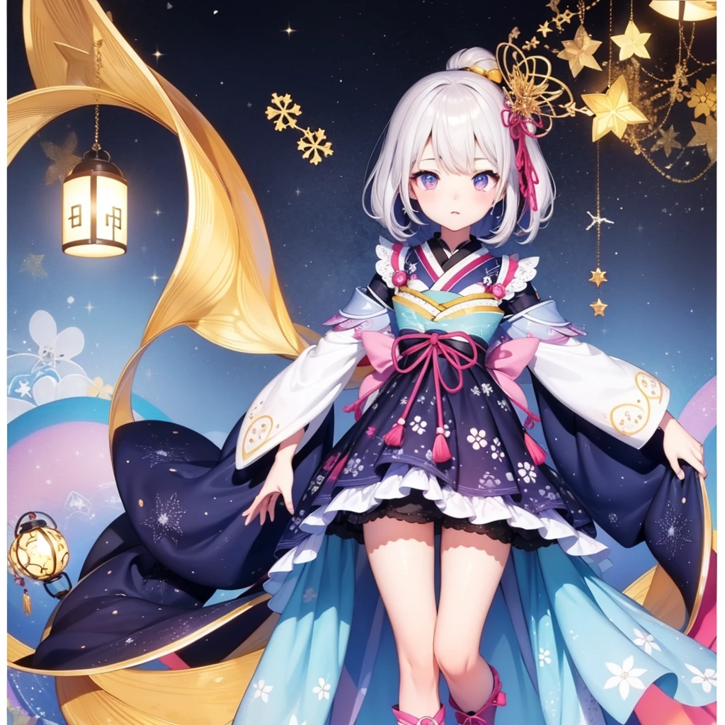 1girl、vtuber-fullbody、Star Fairy、masterpiece、official art、Super detailed、super beautiful、かわいいStar Fairy、white straight short hair、Milky Way、universe、star charm、star、baby face、Knee-high boots、Japanese pattern dress、A beautiful girl wearing black and white clothes that are a remake of a yukata.、universeを思わせるOiranフリルドレス、Oiran、simple background、The background is Midori、