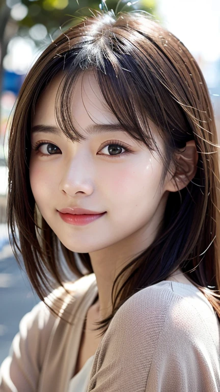 With the alleys of Kyoto in the background、18 year old girl、independent、facing forward、Light eye makeup、brown hair color、Flat 、hair blowing in the wind、quality of actress、shiny, super realistic face、smileの表情、Moist eyes、look up、calming lighting effect、 ultra-realistic capture、very detailed、High resolution 16K close-up of human skin。Skin texture must be natural、Must be detailed enough to see pores、skin is healthy、Must be even tone、Use natural light and color、High quality photos taken by a modeling agency'Exclusive photographer、smile