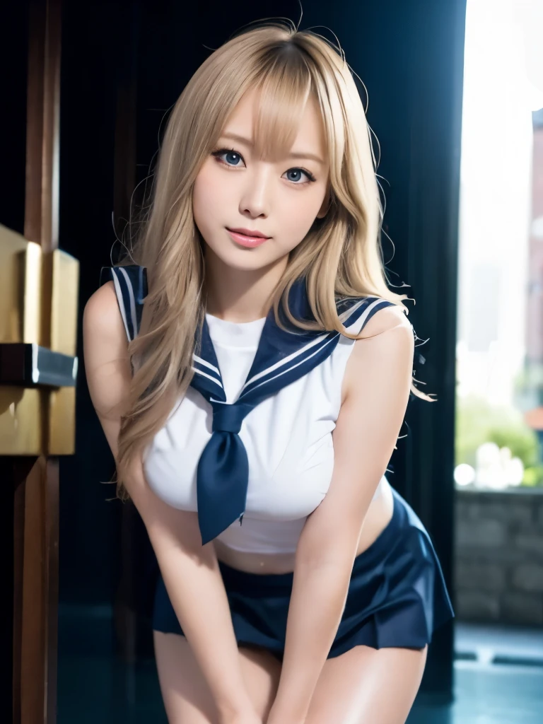 A beautiful Japanese shy girl, age 20 years old, vert light blonde long hair, brown eyes, shiny lip, dark eyeliner, shiny hair and shiny body, big breasts, wearing sleeveless sailor uniform, with mini skirt, shiny thighs, in dark Cathedral, light shine in, ecstatic expression, Photo with blurred background, leaning forward,