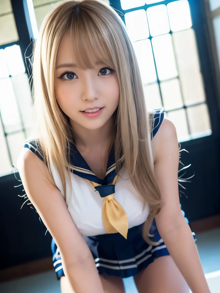 A beautiful Japanese shy girl, age 20 years old, vert light blonde long hair, brown eyes, shiny lip, dark eyeliner, shiny hair and shiny body, big breasts, wearing sleeveless sailor uniform, with mini skirt, shiny thighs, in dark Cathedral, light shine in, ecstatic expression, Photo with blurred background, leaning forward,