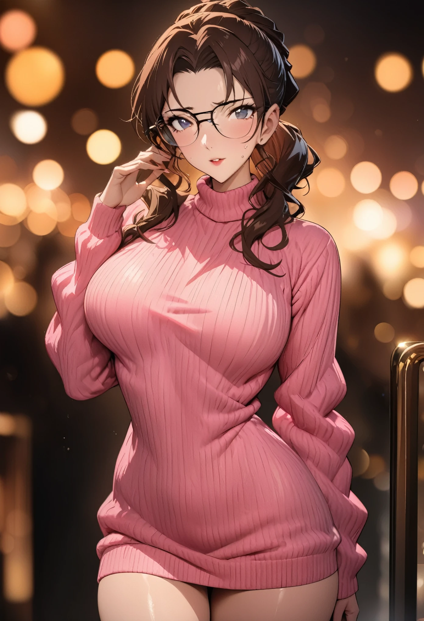 (breathtaking mature beauty,intellectual and elegant,luminous pink sweater,brown hair,(best quality,masterpiece:1.2),full-length shot,perfect figure,wearing glasses,ultra-clear,exquisite facial features,ultra-detailed,bokeh)