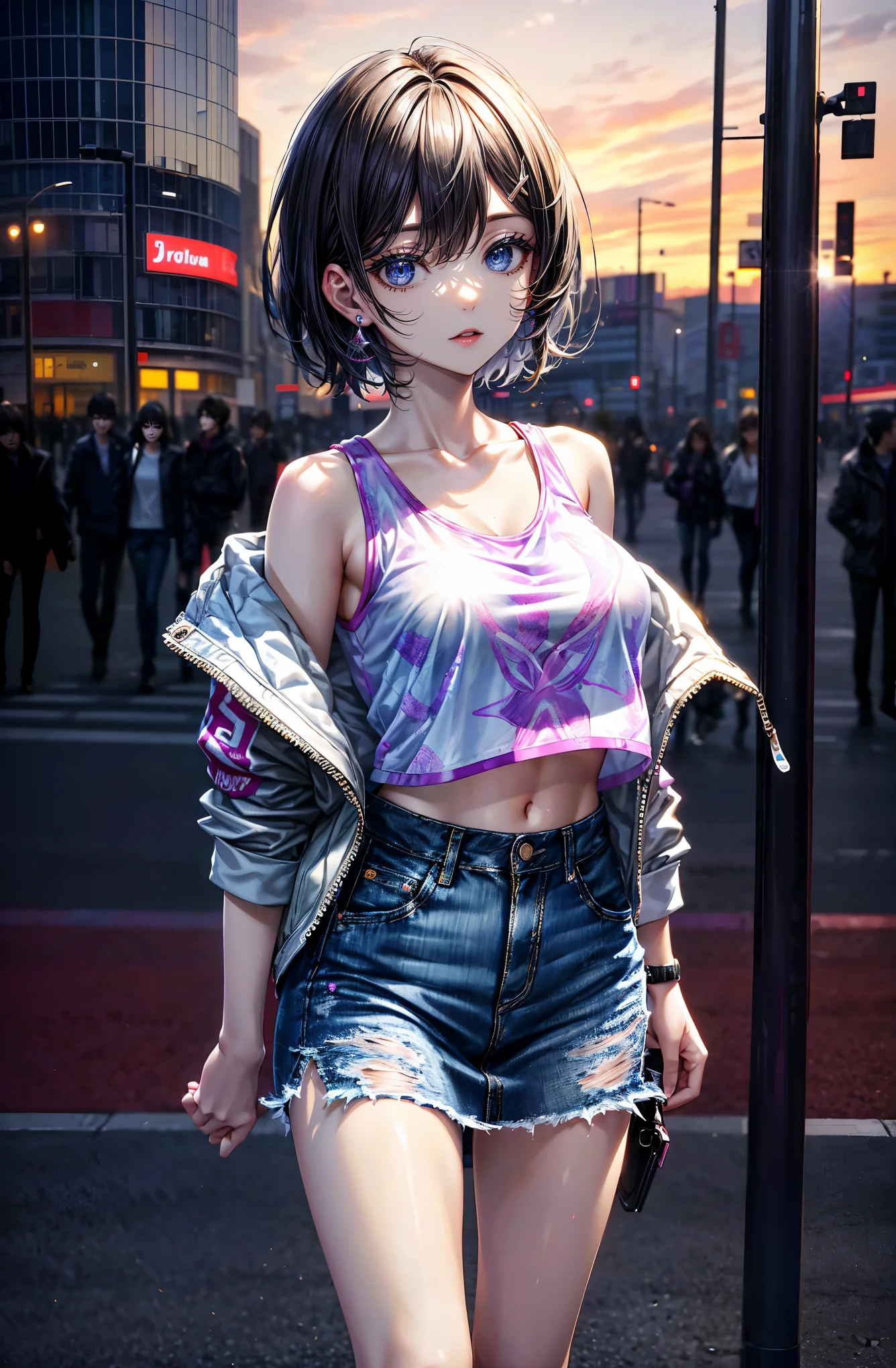 hyper quality、8K quality、High resolution、Image quality captured with a single-lens reflex camera、(software)、perfect anatomy、(black short hair、shoulder length hair:1.2)22 year old beauty.Mature face、blue eyes(Sharp look:1.4)(Good shape and normal breasts) BREAK (Bright spring outfits for women) bright atmosphere((Wear a short denim rider's jacket:1.2)(Wear an artistic print photo tank top underneath、Irregular border pattern:1.2))(Light pink as an accent color)(A long, wide, satin-like skirt with a loose silhouette、Plain light purple)gold earrings、BREAK(perfect anatomy:1.4)break(look away:1.2)(Asahi、In front of Umeda Station in Osaka on a bright early morning:1.3)