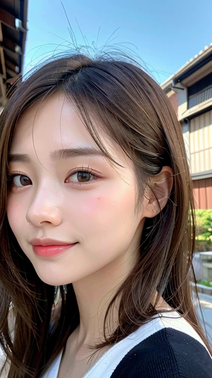 (((Close-up of face)))、(((Absolutely shoulder-length brown straight short bob)))、(((She is posing like a hair salon model with a park with a blue sky in the background.)))、(((She is wearing casual clothes suitable for early summer.。The shoulders are hidden)))、(Natural laughter:1.15)、Half Japanese, half Korean、18 year old girl、Standing Alone、Looking forward、Light eye makeup、Brown Hair Color、Flat and 、Hair blowing in the wind、Actress Quality、Glossy, ultra-realistic face、Smiling face、Watery eyes、Gazing Up、Subtle lighting effects、 Ultra-Realistic Capture、Very detailed、High resolution 16K close up of human skin。Skin texture must be natural、The details must be such that pores can be clearly seen、The skin is healthy、Uniform tone、Use natural light and colors、A worn-out, high-quality photo taken by a model agency&#39;s in-house photographer.、smile、(((SIGMA 300 mm F/1.4,1/1000 sec shutter,ISO 400)))、The background is F-stop 1..4 is blurred
