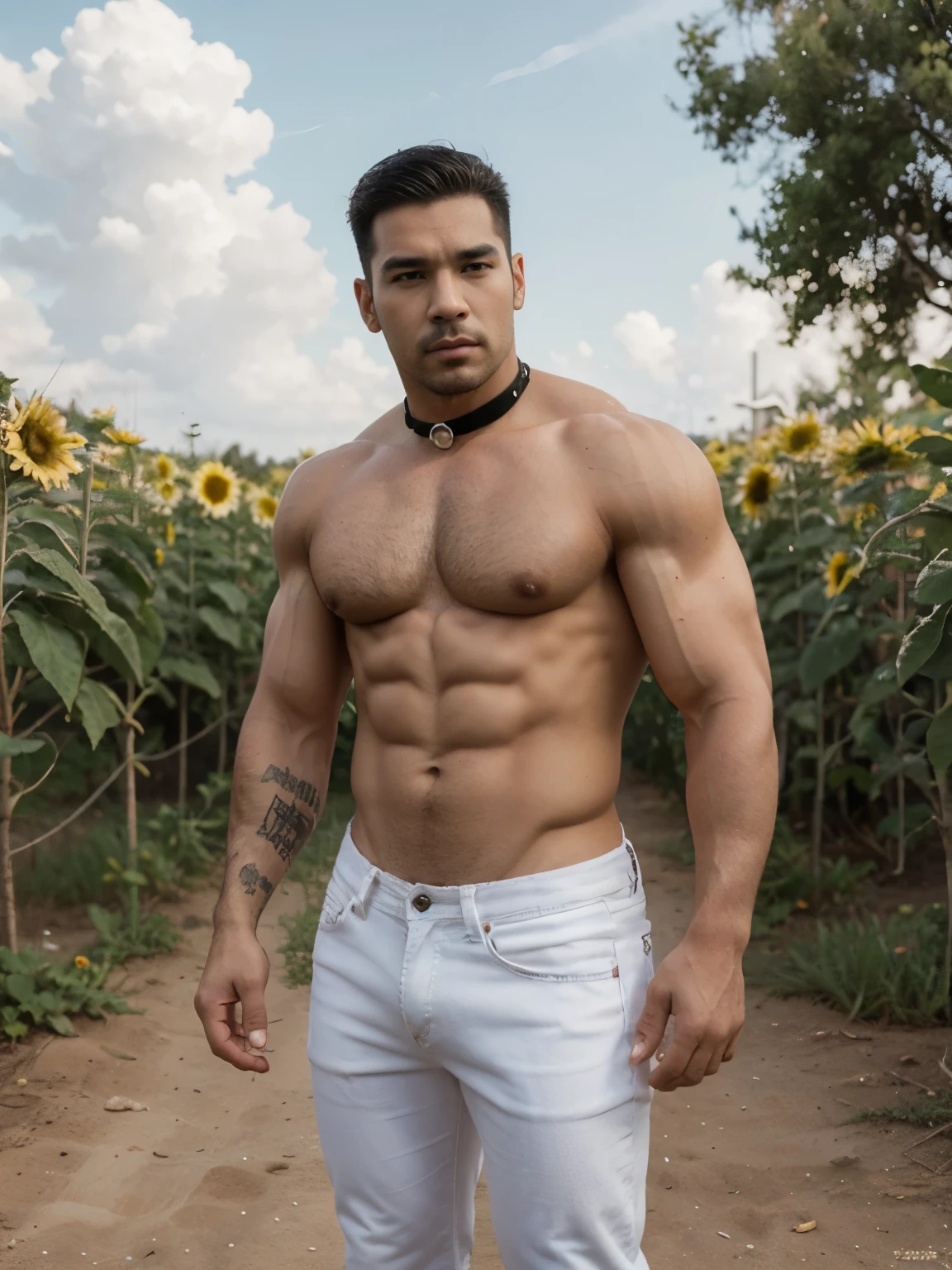 30 years, ojos grandes, hombre chino, rastrojo, pulgada blanca, huge muscles, exaggerated muscles, hombre maduro, muscle swelling, culturismo, Musculos pectorales, abdominales, muy nalgon , en un campo de flores de girasol, Muchos girasoles, chaqueta y chaleco, vaqueros, zapatillas, luz natural, collar de metal, piel color trigo, 1 hombre, de pie, aretes de hombre, tatuajes, Bubble butt, white jeans ajustados,