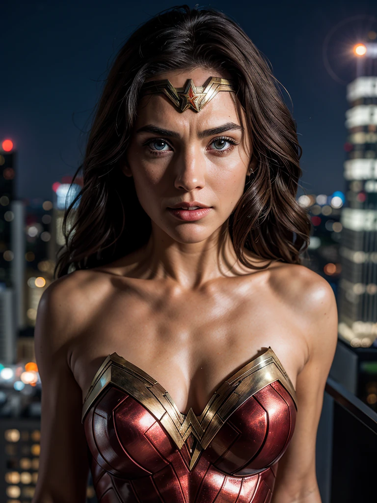 hyperrealism, (photorealistic:1.2), (photorealistic light:1.3), masterpiece, best quality, perfect detail, professional photo, realistic photo, raw photo, realistic style, detailed face, Wonder Woman, posing on the roof of a skyscraper, night, lights  cities.