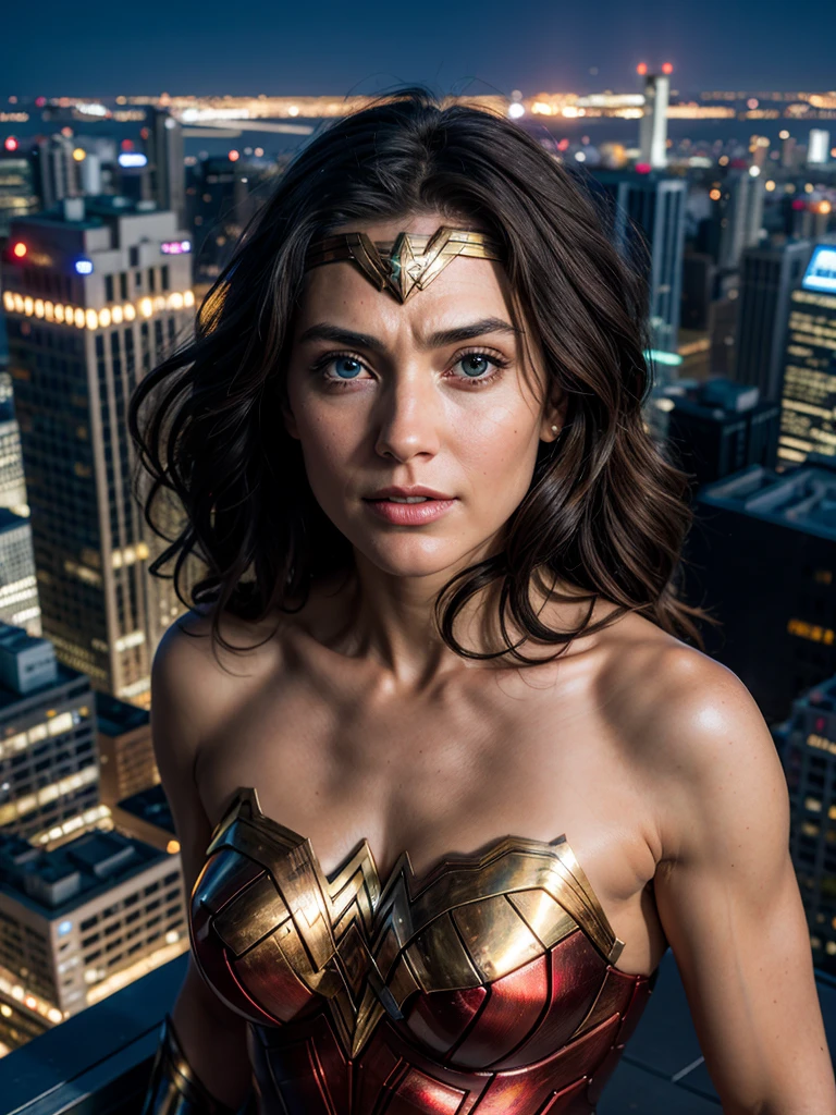hyperrealism, (photorealistic:1.2), (photorealistic light:1.3), masterpiece, best quality, perfect detail, professional photo, realistic photo, raw photo, realistic style, detailed face, Wonder Woman, posing on the roof of a skyscraper, night, lights cities.