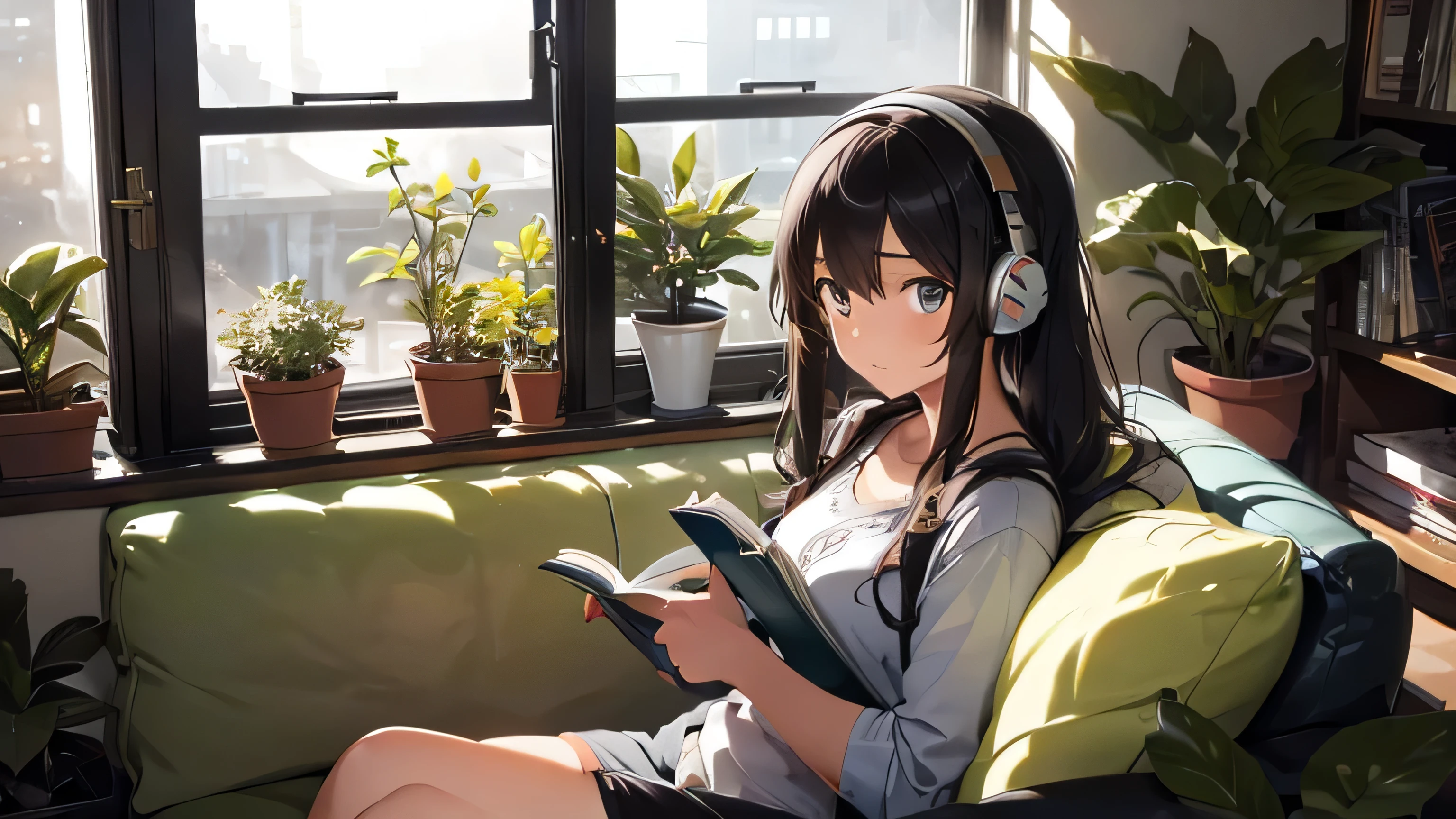 A beautiful girl reading a book with headphones on a sofa in a room filled with houseplants Outside the window is a natural landscape
