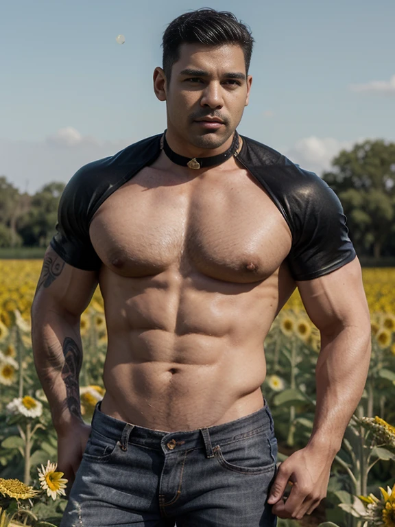 30 years, ojos grandes, hombre chino, rastrojo, pulgada blanca, huge muscles, exaggerated muscles, hombre maduro, muscle swelling, culturismo, Musculos pectorales, abdominales, muy nalgon , en un campo de flores de girasol, Muchos girasoles, chaqueta y chaleco, vaqueros, zapatillas, luz natural, collar de metal, piel color trigo, 1 hombre, de pie, aretes de hombre, tatuajes, Bubble butt, gray black jeans ajustados,