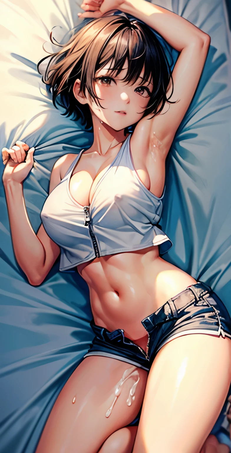 (nsfw:1.2),(masterpiece, highest quality), Bedroom, 1 girl, , , ,anatomically correct body, (Unzipped crop top:1.2), (Unzipped shorts), (open fly), (Not wearing panties), in a colorful Bedroom, lying in bed, From above, morning, bright sunlight, white, bright colors, watercolor、short cut hair、Sweat、Exposed chest、dynamic pose、huge breasts、wide open legs、(cum in body:1.5)、A stunned look、(projectile cum:1.5、Bukkake、1 male:1.5)、holding penis:1.2