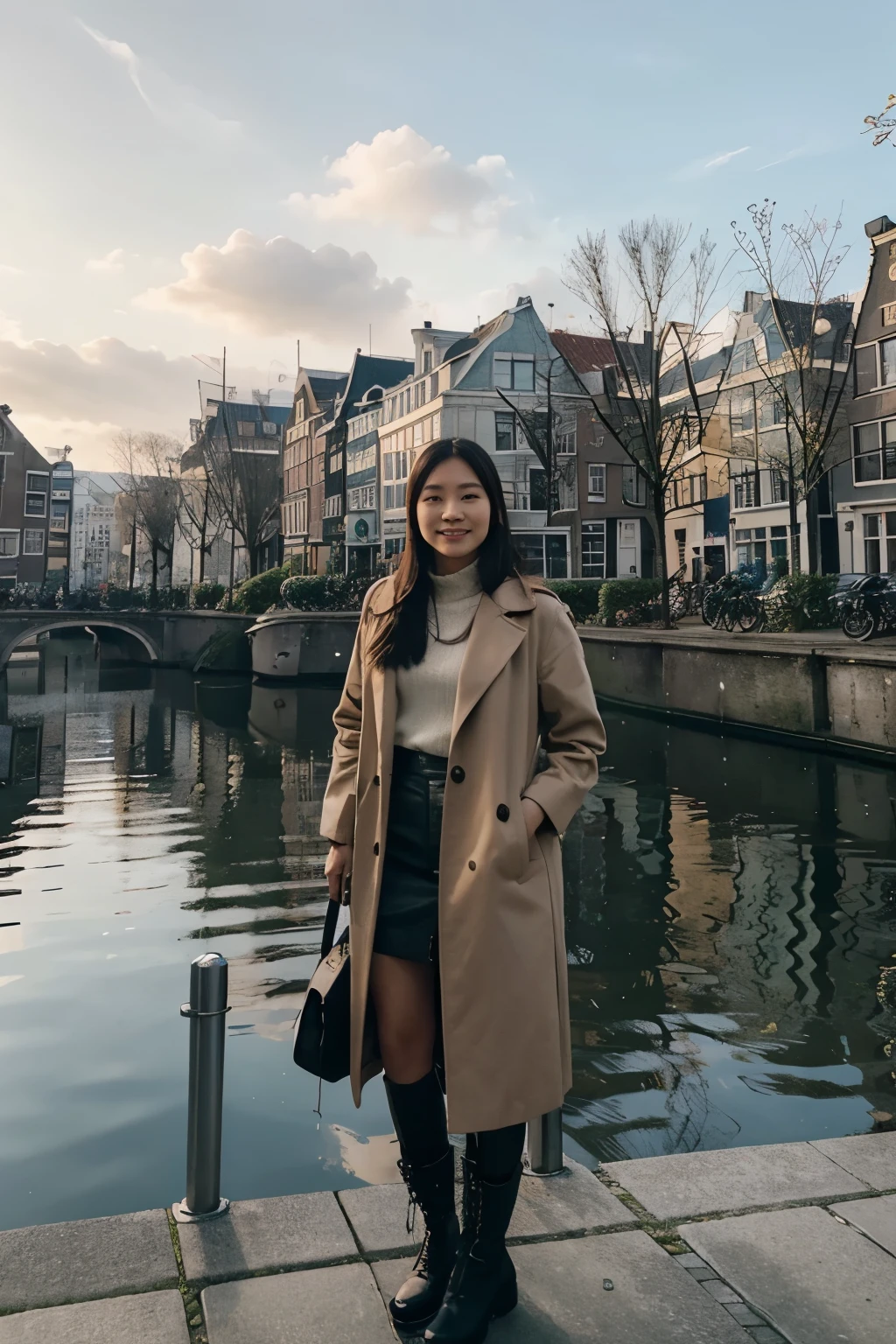 The beautiful 24 year old Indonesian woman wore a coat and high boots that matched perfectly. standing gracefully smiling sweetly and gently, perfect face. near the water with buildings in the background, mai anh tran, inspired by Ruth Jên, gemma chen, with figures in the background, 𤬠𤮠ð ð, amsterdam, mixed arts, wenfei ye, in the background, taken on 2 0 2 0, on a sunny day