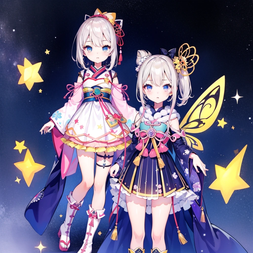 1girl、vtuber-fullbody、Star Fairy、masterpiece、official art、Super detailed、super beautiful、かわいいStar Fairy、white straight short hair、Milky Way、universe、star charm、star、baby face、Knee-high boots、Japanese pattern dress、A beautiful girl wearing black and white clothes that are a remake of a yukata.、universeを思わせるOiranフリルドレス、Oiran、simple background、The background is Midori、