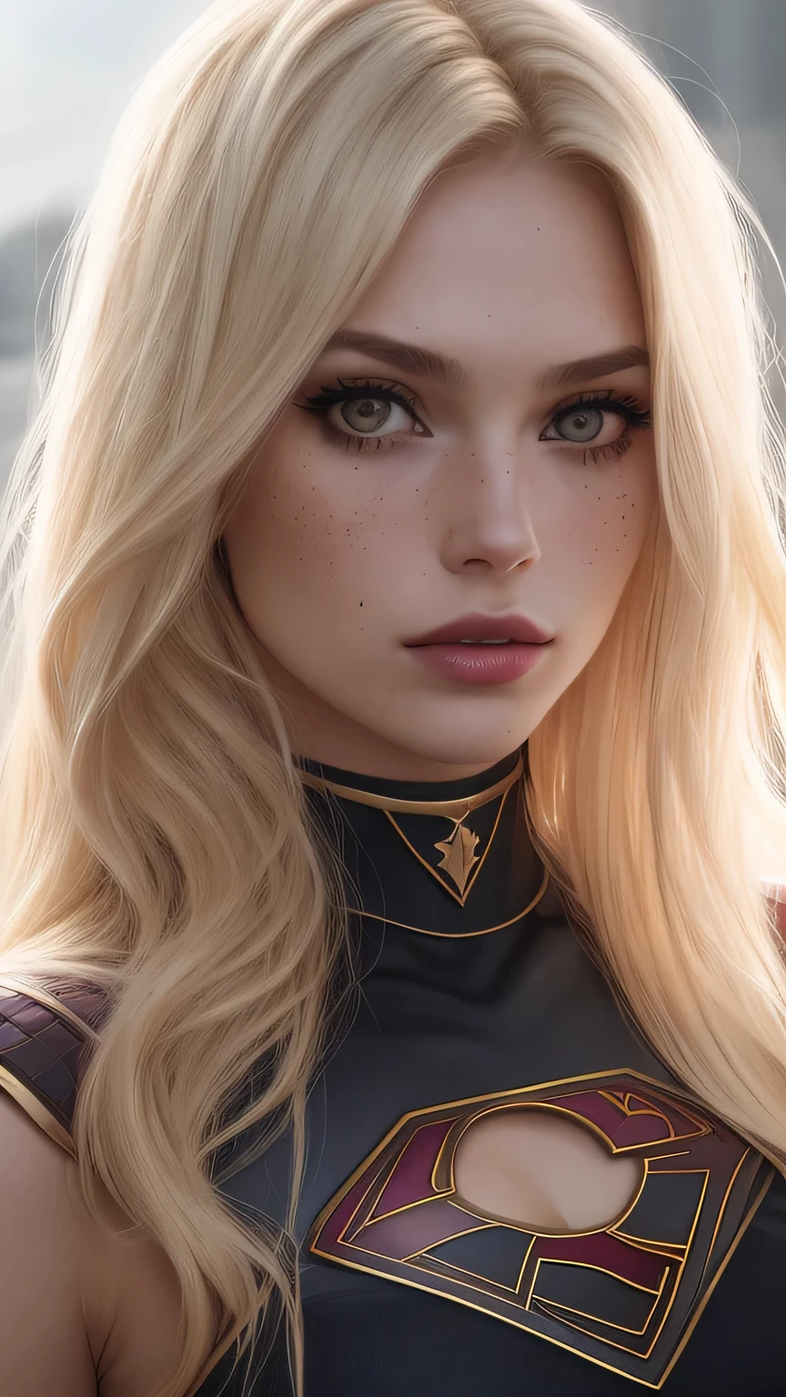 a photo of a seductive woman with loose styled (blonde hair), long hair, she is wearing a Supergirl costume, top and skirt, mascara, (textured skin, skin pores:1.1), (moles:0.8), imperfect skin,, flawless face, (light freckles:0.9), (sun-kissed:1.1), ((photorealistic):1.1), (raw, 8k:1.3), Shinny blonde hair, Supergirl, seductive face, pink lips, villain, bad girl, dark tone, choker, black and golden costume 