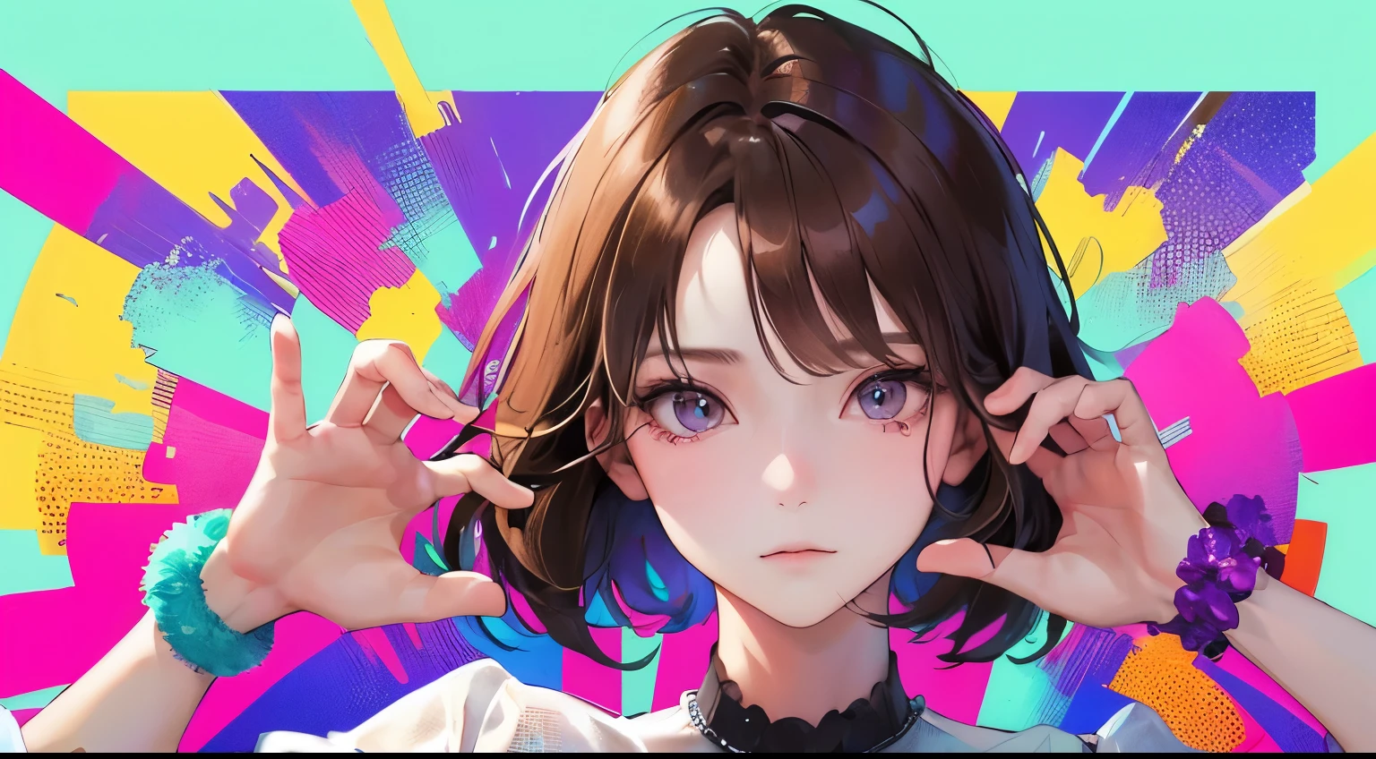 (((one girl)))、Masterpiece,best quality, (((pop、colorful background))), (((dancer)))、、((Uplifting)),determined expression, upper body diagram、((No expression))、 (highest resolution、clear_image)、best quality、contrast of light and shadow、((illumination))、very detailed、semi-realistic、short hairstyle、brown hair、bangs、19 years old、 Lady,,young、((View from top))、delicate facial features facial features