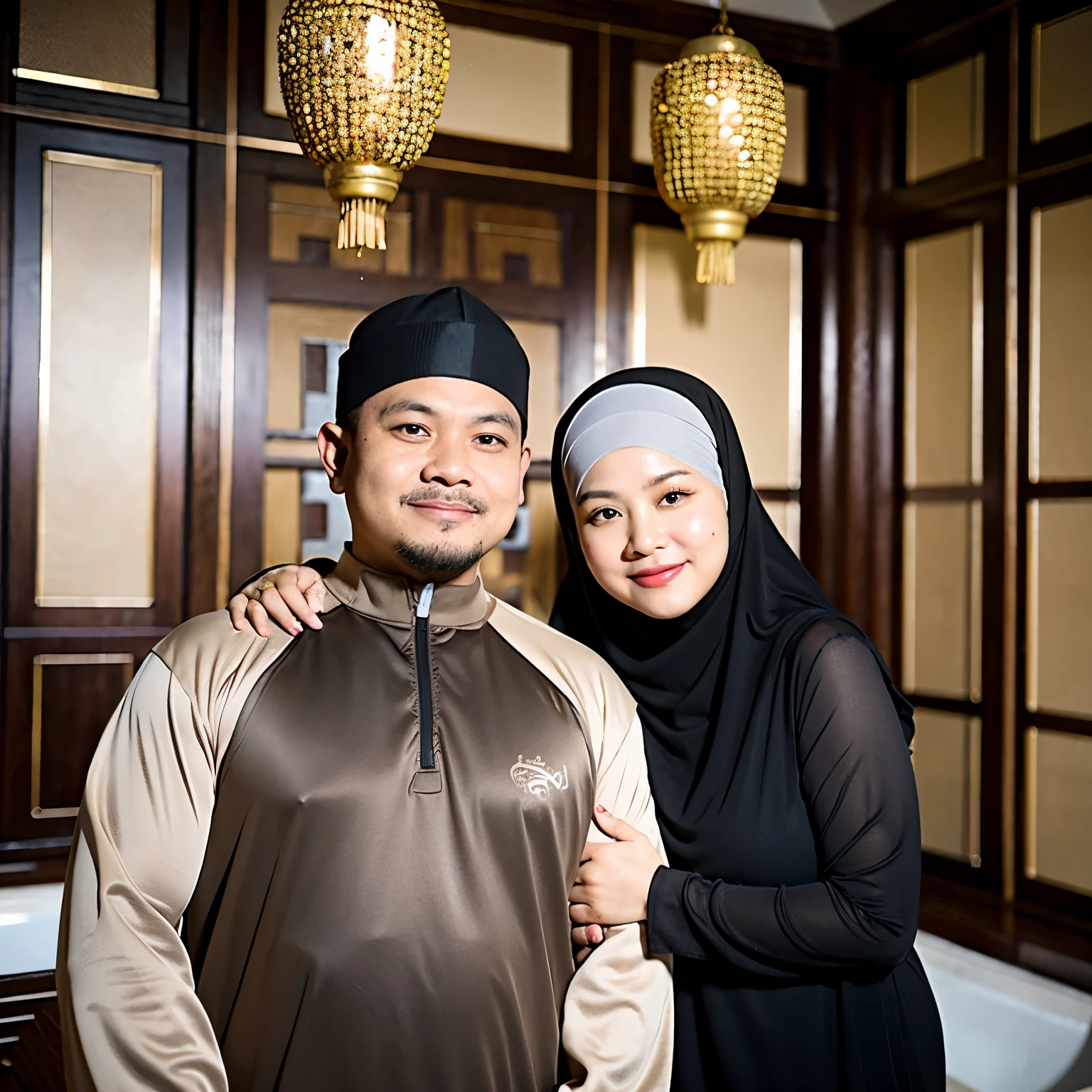 realistic photo of an Indonesian Muslim couple,
husband (55), slightly fat body like Prabowo, wearing a black skullcap, clean face with no beard and wife (45), they pose in namaste with an interior background in the form of Islamic ornaments which gives a religious and luxurious impression, hyper realism, uHD 64K, looks full body from the front.