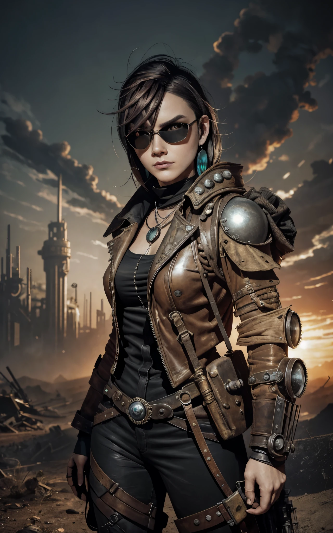 ambiente steampunk, dramatic art, estilo de arte dieselpunk, apocalyptic road warrior vibe, a girl wearing beautiful mirrored sunglasses that reflects everything around her, arte digital surrealista, Mad Max inspirado, heavy metal artwork, simetria da face cromada, arte steampunk digital, no estilo Mad Max, metal art, not art style by Filip Hodas, arte digital steampunk, dieselpunk, em um mundo hightech
