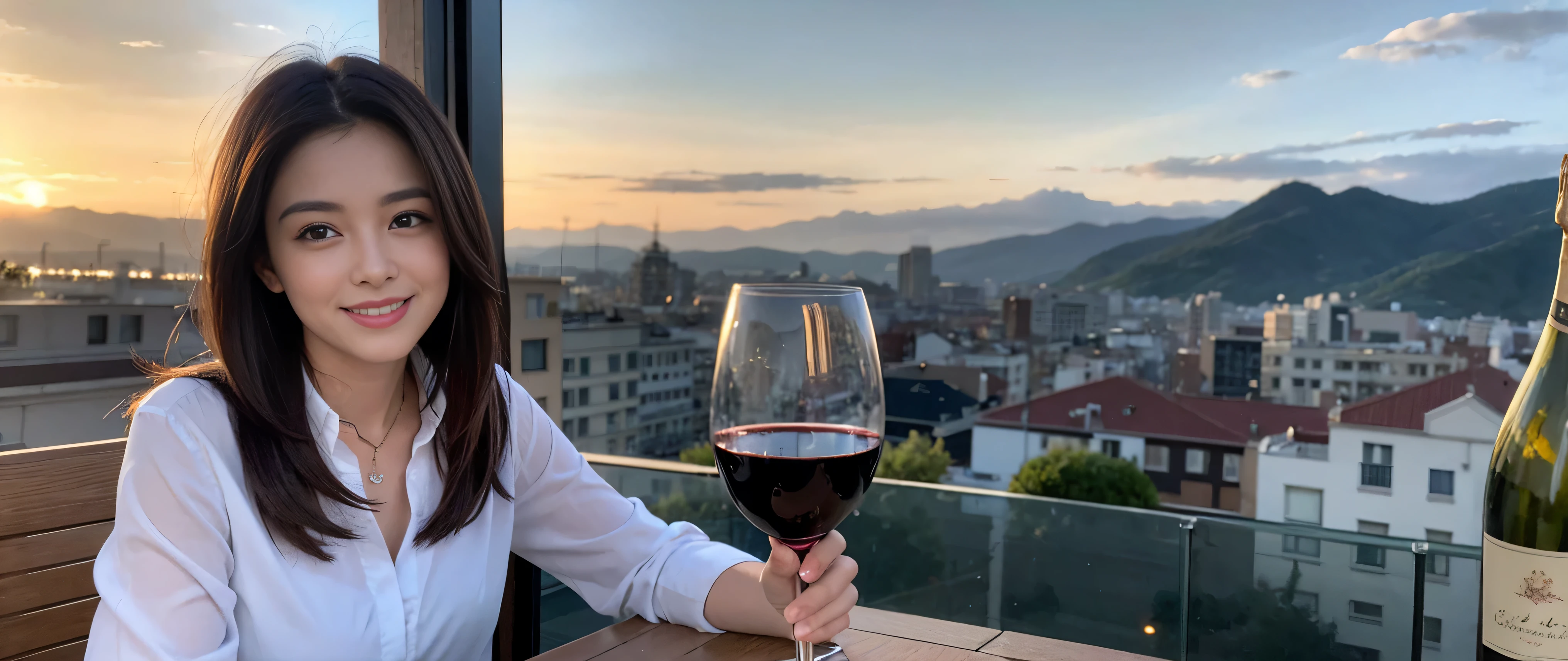 ((highest quality、8K、masterpiece:1.3))、Beautiful woman perfect body:1.4、Slim body、((Bob Hale、straight hair:1.2))、 ultra high resolution, bright image、2. Wine Beauties, beautiful face, blue eyes, fine eyes, light shines on your face, blush your nose, short hair,Spectacular view of the sunset sky and clouds、Amazing mountain views、A bright smile、A lovely woman with a smile、bright face、Fox face、lady、Champagne、Wine bottle、wine glass、red wine 、Appetizer、Italian food、two beauties、brown hair、shortcut、long sleeve shirt、winter fashion、dress、wine bottle、sparkling wine、Pretty Woman 1, (slim face), (brown hair), (shortcut), cheeks turn a little red, (42 years old), 39 years old, charming beauty、restaurant, nova frog style, actress, model, Upper body, White wine, slim, wine glass, wine glass placed in the middle, smile, (smile: 1.15), beautiful fine eyes, strong light and shadow,moist body:1.5、delicate eyes、brown hair、The hair is very shiny、