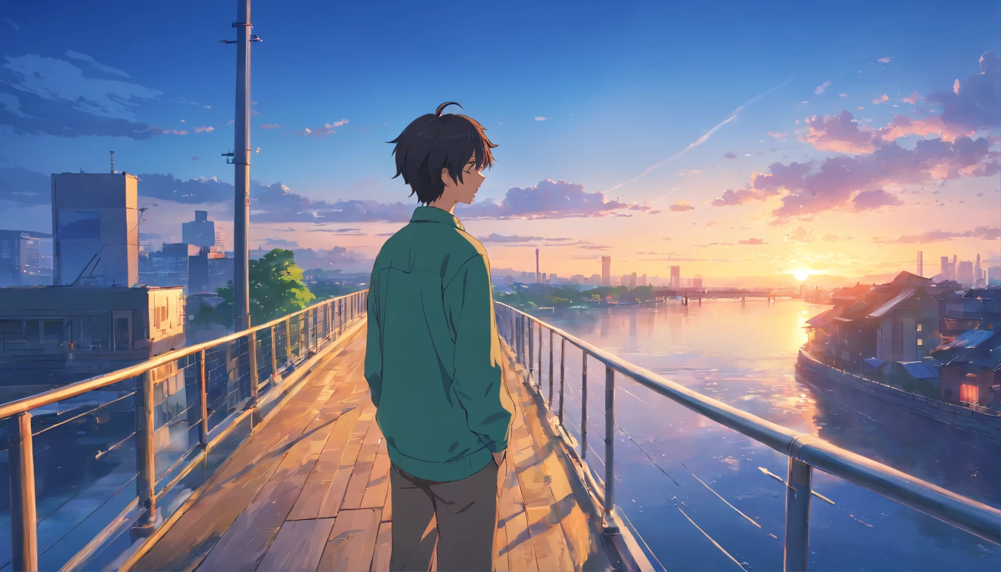 (masterpiece, highest quality), intricate details, 8K, art station, wallpaper, official art, splash art, Sharp fixed focus,, Large Shot. author: makoto shinkai, Makoto Shinkai movie scene, Makoto Shinkai's view, elderly man,Looking at the river from the bridge,back view