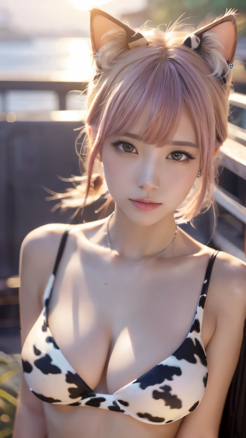 masterpiece, 4k, Bokeh, beautiful face, (multiple girls:1.4), Harem, group photo, (Cat ear:1.3), pink soft hair , looking at the viewer, (cow pattern bikini:1.2), sundown seashore, closeup
