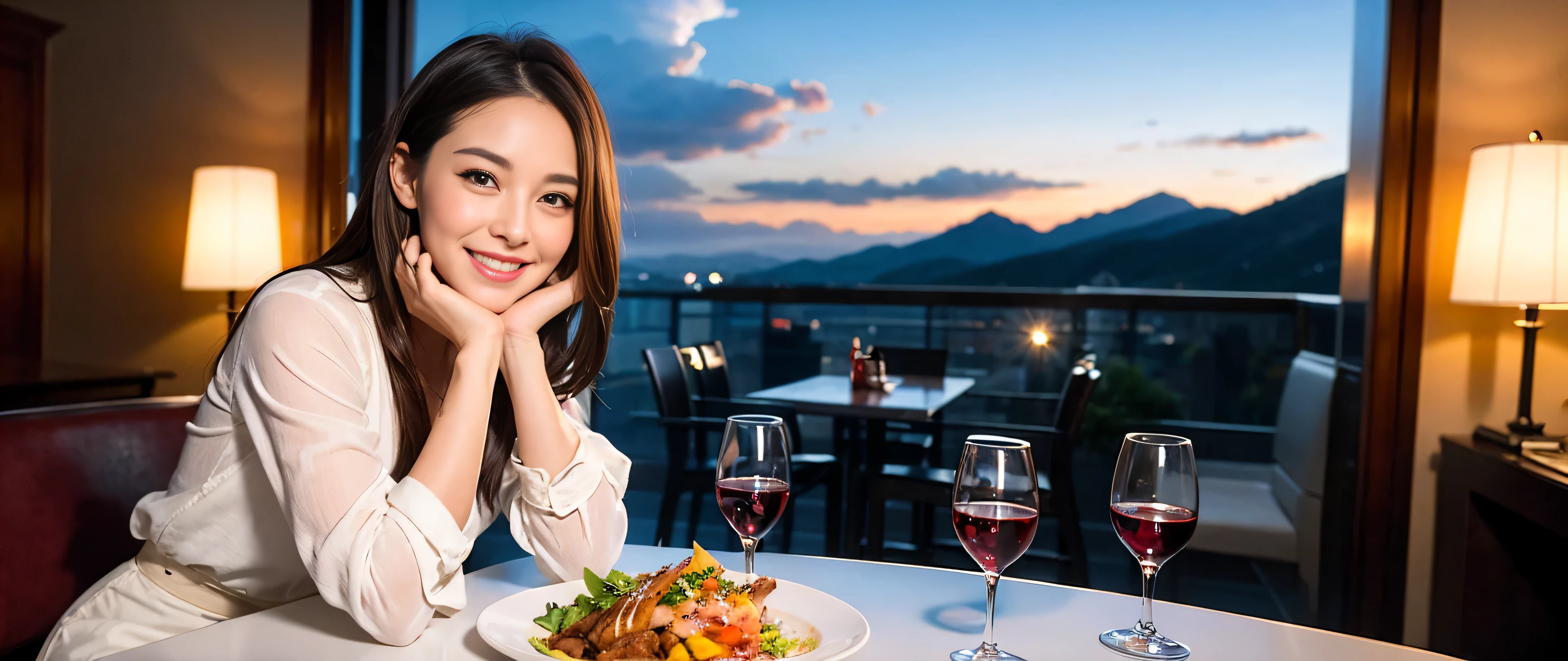 ((highest quality、8K、masterpiece:1.3))、Beautiful woman perfect body:1.4、Slim body、((Bob Hale、straight hair:1.2))、 ultra high resolution, bright image、2. Wine Beauties, beautiful face, blue eyes, fine eyes, light shines on your face, blush your nose, short hair,Spectacular view of the sunset sky and clouds、Amazing mountain views、A bright smile、A lovely woman with a smile、bright face、Fox face、lady、Champagne、Wine bottle、wine glass、red wine 、Appetizer、Italian food、two beauties、brown hair、shortcut、long sleeve shirt、winter fashion、dress、wine bottle、sparkling wine、Pretty Woman 1, (slim face), (brown hair), (shortcut), cheeks turn a little red, (42 years old), 39 years old, charming beauty、restaurant, nova frog style, actress, model, Upper body, White wine, slim, wine glass, wine glass placed in the middle, smile, (smile: 1.15), beautiful fine eyes, strong light and shadow,moist body:1.5、delicate eyes、brown hair、The hair is very shiny、