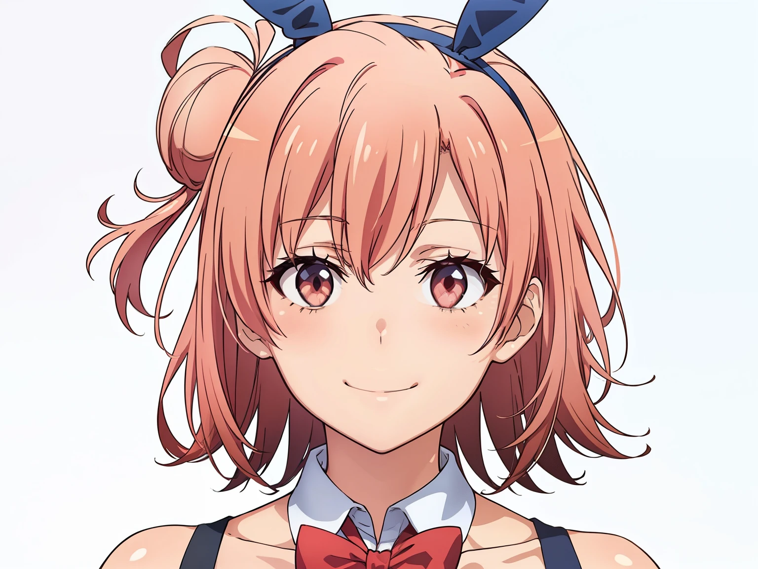 ((masutepiece, Best Quality, hight resolution, nffsw, Perfect Pixel, depth of fields, 4K, )), 1girl in, Solo, , Beautiful anime girl, Beautiful Art Style, close up, Looking up at Viewer, Perfect body, Yuigahama Yui, Short hair, single hair bun, pink hair, (large boob), Full face blush, Smile, thighs thighs thighs thighs, navy playboy bunny, red bowtie, white background, sitting, hugging, side shot, Focus,