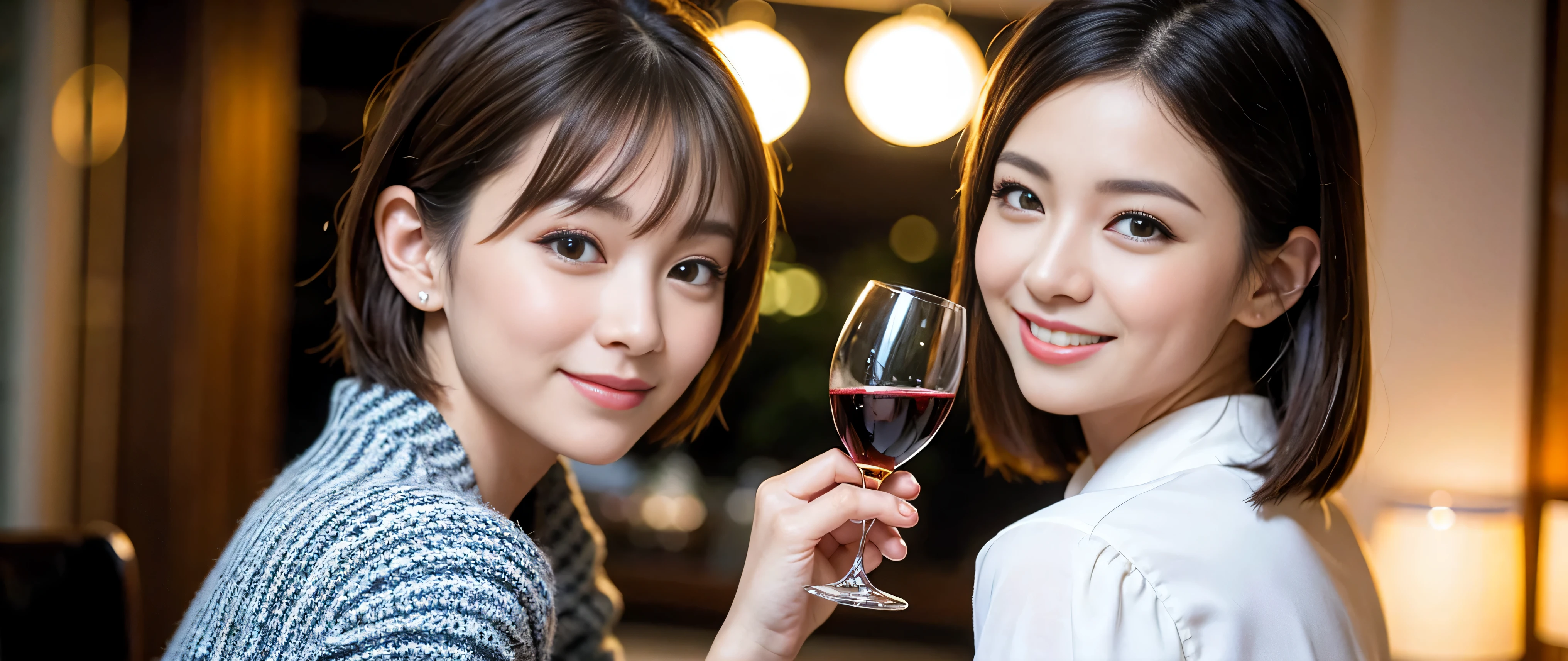 ((highest quality、8K、masterpiece:1.3))、Beautiful woman perfect body:1.4、Slim body、((Bob Hale、straight hair:1.2))、 ultra high resolution, bright image、2. Wine Beauties, beautiful face, blue eyes, fine eyes, light shines on your face, blush your nose, short hair,Spectacular view of the sunset sky and clouds、Amazing mountain views、A bright smile、A lovely woman with a smile、bright face、Fox face、lady、Champagne、Wine bottle、wine glass、red wine 、Appetizer、Italian food、two beauties、brown hair、shortcut、long sleeve shirt、winter fashion、dress、wine bottle、sparkling wine、Pretty Woman 1, (slim face), (brown hair), (shortcut), cheeks turn a little red, (42 years old), 39 years old, charming beauty、restaurant, nova frog style, actress, model, Upper body, White wine, slim, wine glass, wine glass placed in the middle, smile, (smile: 1.15), beautiful fine eyes, strong light and shadow,moist body:1.5、delicate eyes、brown hair、The hair is very shiny、