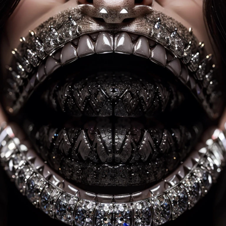 Diamond encrusted teeth that spell out “burnt.”