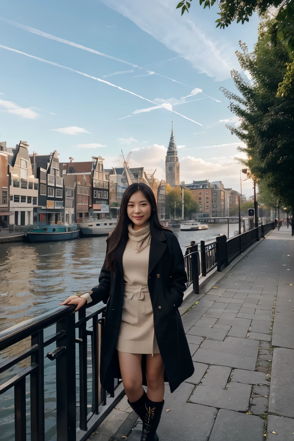 The beautiful 24 year old Indonesian woman wore a coat and high boots that matched perfectly. standing gracefully smiling sweetly and gently, perfect face. near the water with buildings in the background, mai anh tran, inspired by Ruth Jên, gemma chen, with figures in the background, 𤬠𤮠ð ð, amsterdam, mixed arts, wenfei ye, in the background, taken on 2 0 2 0, on a sunny day