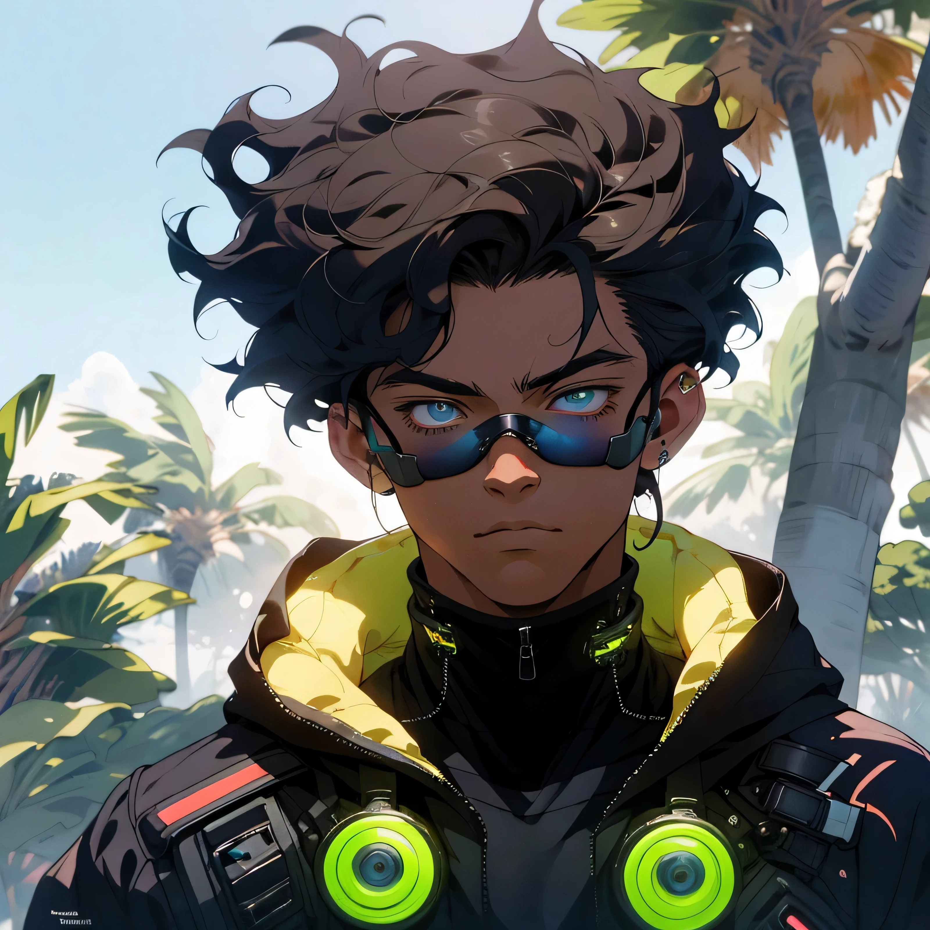 Amidst the vast expanse of a blue sky, a lush grassland stretched out, adorned with the imperfections of nature's beauty. In the midst of this serene setting, a age boy, 18 years old, stood tall and handsome. His light whiskers framed his perfect anime-style features, adding a subtle masculine charm to his youthful face.
Born in the land of Brazil, his dark, piercing eyes held an intriguing allure, while his dense curly hair contrasted the smoothness of his cyberpunk clothing. The elaborate designs of his attire, with neon colors and metallic accents, represented the fusion of technology and style