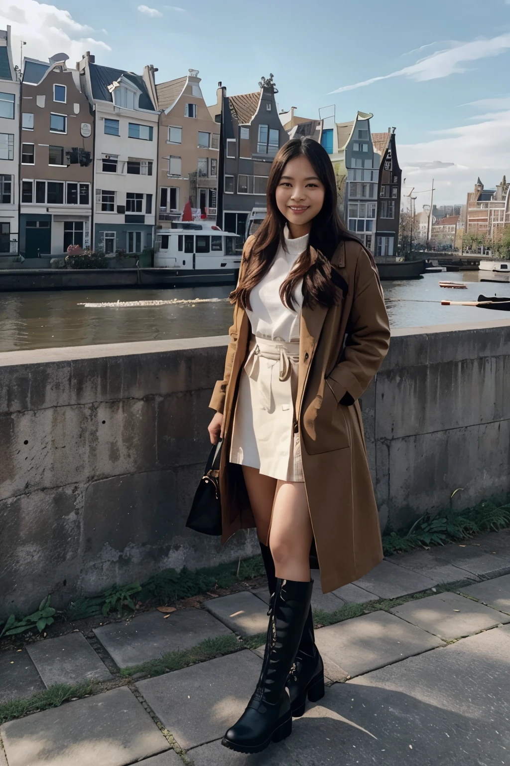 The beautiful 24 year old Indonesian woman wore a coat and high boots that matched perfectly. standing gracefully smiling sweetly and gently, perfect face. near the water with buildings in the background, mai anh tran, inspired by Ruth Jên, gemma chen, with figures in the background, 𤬠𤮠ð ð, amsterdam, mixed arts, wenfei ye, in the background, taken on 2 0 2 0, on a sunny day