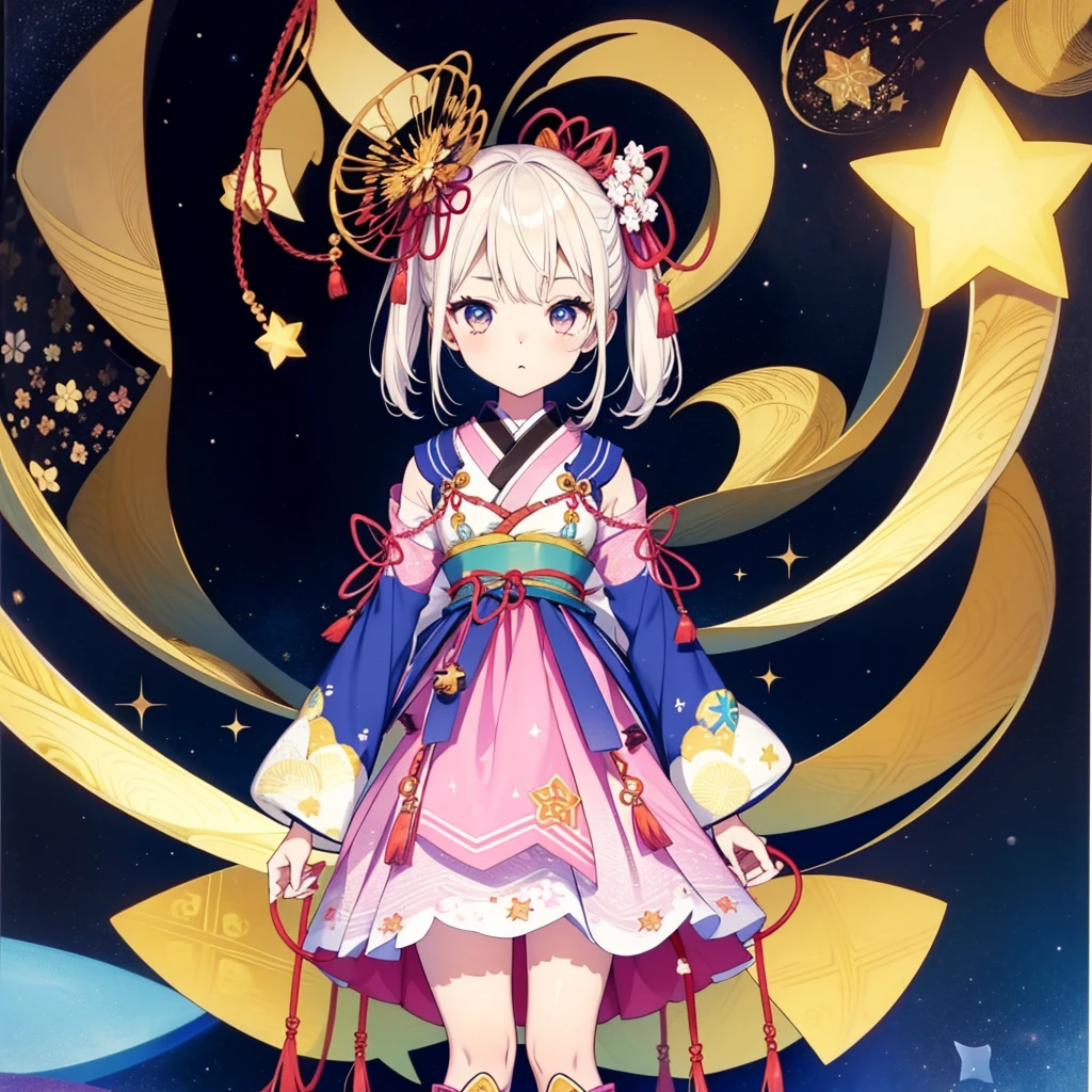 1girl、vtuber-fullbody、Star Fairy、masterpiece、official art、Super detailed、super beautiful、かわいいStar Fairy、white straight short hair、Milky Way、universe、star charm、star、baby face、Knee-high boots、Japanese pattern dress、A beautiful girl wearing black and white clothes that are a remake of a yukata.、universeを思わせるOiranフリルドレス、Oiran、simple background、The background is Midori、