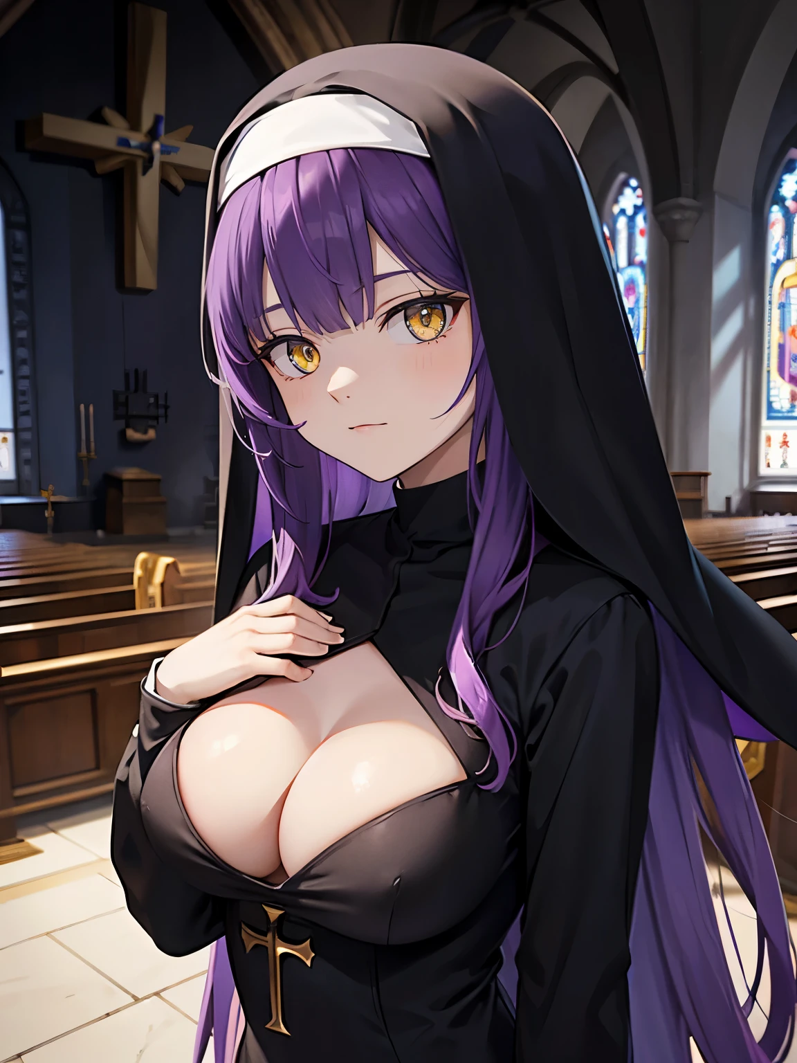 Purple hair, long hair, medium chest, black, nun outfit, yellow eyes, sharp eyes, bangs, church, refined, straight face, large, sharp irises, fully covered, fully dressed, holding cross