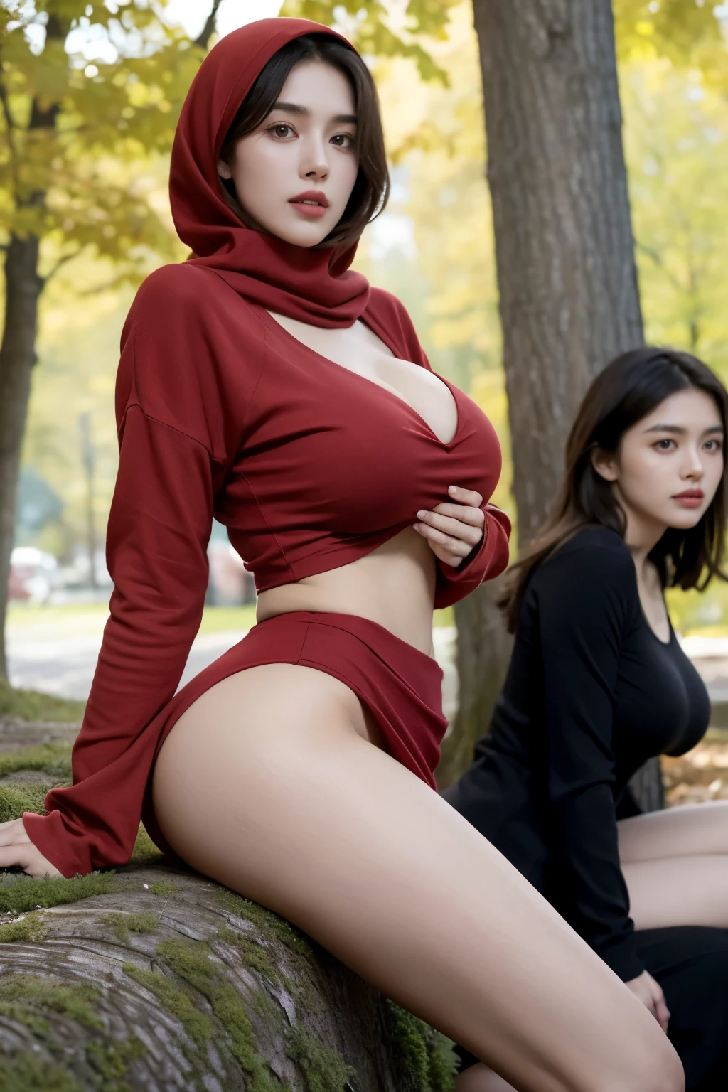 Two 20 yo woman with slim body and big breast ,red hijab,black sweater, short red skirt, soothing tones, muted colors, high contrast, (natural skin texture, hyperrealism, soft light, sharp),((hills with big oak tree background)), The fabric traces the shape of the body, big breast (big size breast: 1.4) using Red skirt, giant tits, big breast, bigger breast than torso, gigantic breast, gigantic , using black sweater with red hijab, naked chest on black sweater (showing breast with naked chest) back view,slim body ((fullbody potrait)), legs open, legs spread, legs open show vagina, sitting and spreading legs, two people, two girls with gigantic breast ((2girls)) ((2 girls with big breast)) ((back view: ass view))