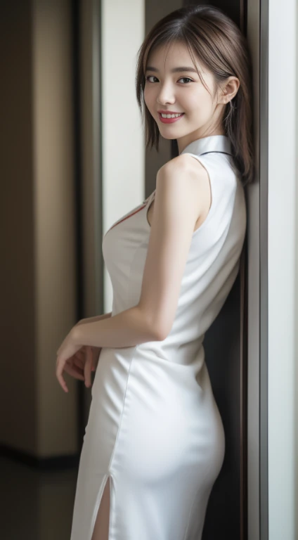 8K, masutepiece, Raw photo, Best Quality, Photorealistic, Highly detailed CG Unity 8k wallpaper, depth of fields, Cinematic Light, Lens Flare, Ray tracing, (Extremely beautiful face, Beautiful lips, Beautiful eyes), intricate detail face, ((Ultra detailed skin)) 1girl in, In the Dark, deepshadow, cute Japanese girls, JPOP Idols, 1 girl, (Very slim and slender fit muscular body:1.3), ((Looking at Viewer)),(Big smile:1.3), (tight cheongsam), (Red china clothes), (roof-top, Cityscape, Midnight), Beautiful earrings, Bracelets, Necklace, pantyhose, Clear eyes, Walking , Front shot, (pale skin), (Big eyes), Face forward, (Full body shot), ((qipao dress)), (Brown hairs), (Thigh visible through the slit), open navel, (Looking at Viewer:1.3) Very slim, medium breasts, turn back, ((Back shot)), Medium Butt, , ,