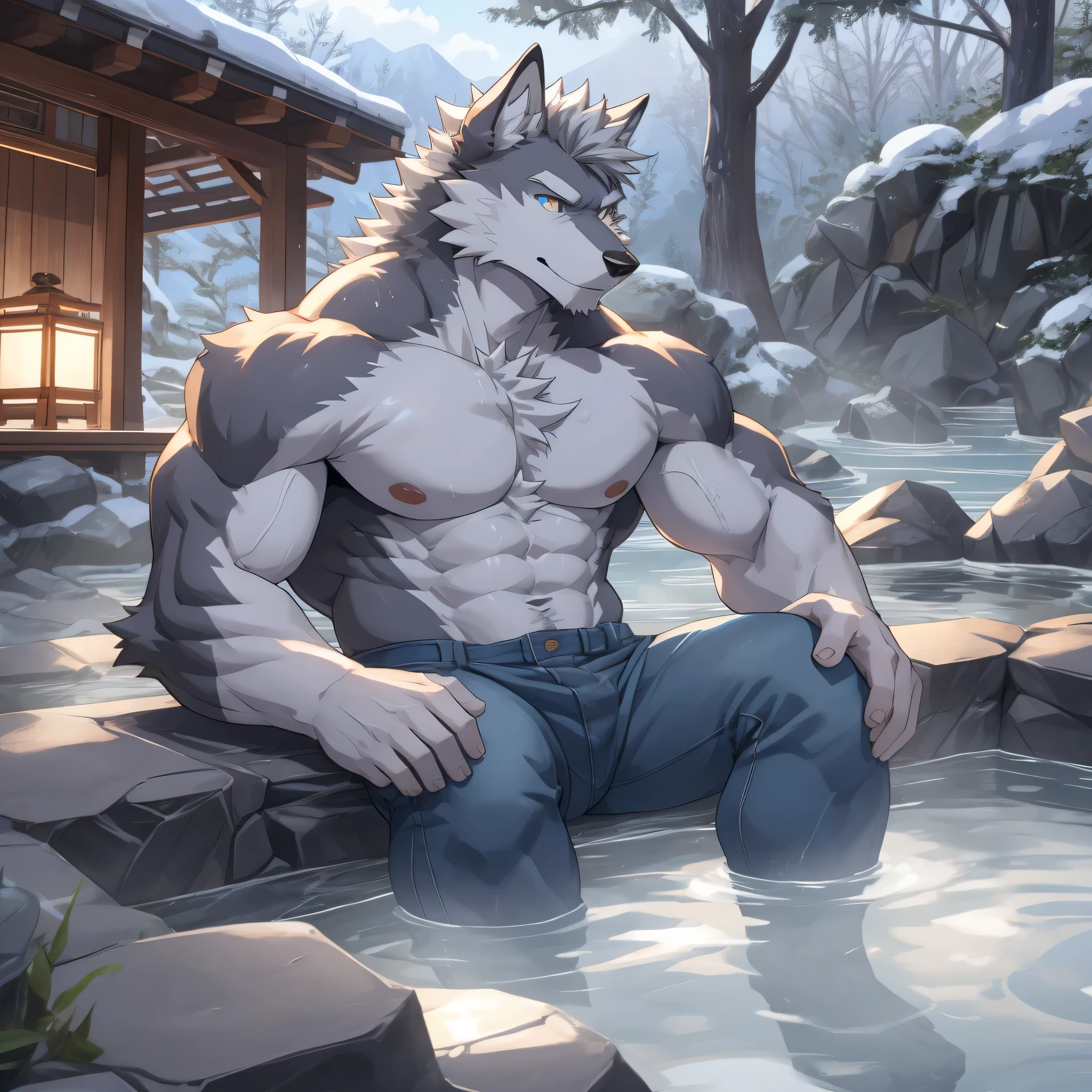 Sdorica,Lwa,Vientiane Story,Lowe,,werewolf,male,adult,alone,4K,best quality,Best quality,sit down,Meditate,sit in waterfall,Practice,Exercise,,looking at the audience,Show muscles,hairy body,Topless,No clothes on,bared  chest,Hairy chest,furry tail,muscular, Pink nipples, chest muscles,Six-pack abs, biceps, anatomically correct,Delicate fur,pride,soft shadow,Majestic high-definition eyes,golden eyes,black pupils,Sharp eyes,Grandiose,Valiantary,A shabby towel wrapped around the crotch,Smile confidently,Strong,mature,Blue sky and white clouds,The sun shines,deep mountain,riverside,