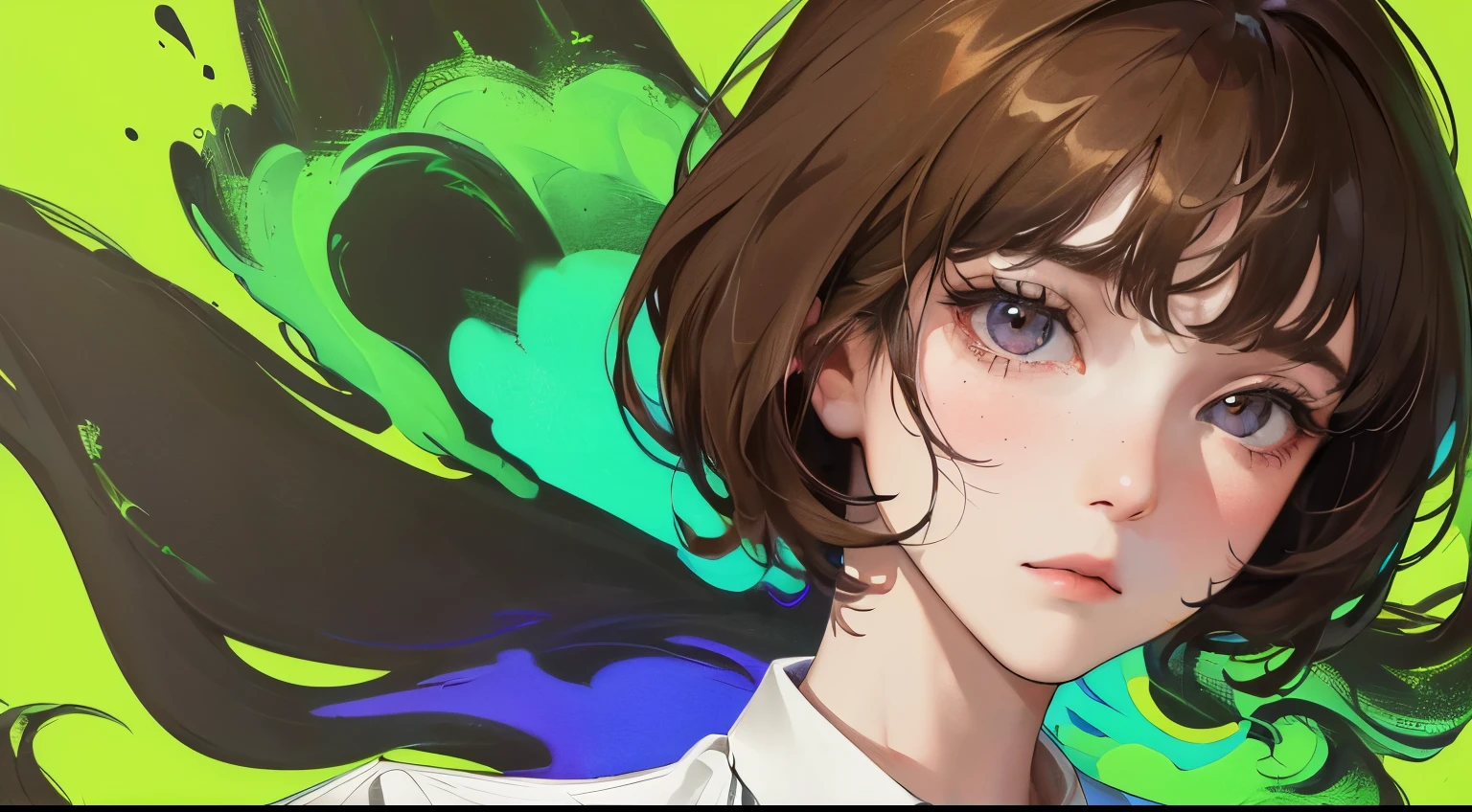 (((one girl)))、Masterpiece,best quality, (((pop、Acid background))), (((shirt)))、、((Uplifting)),determined expression, upper body diagram、((No expression))、 (highest resolution、clear_image)、best quality、contrast of light and shadow、((illumination))、very detailed、semi-realistic、short hairstyle、brown hair、bangs、19 years old、 Lady,,young、((View from top))、delicate facial features facial features