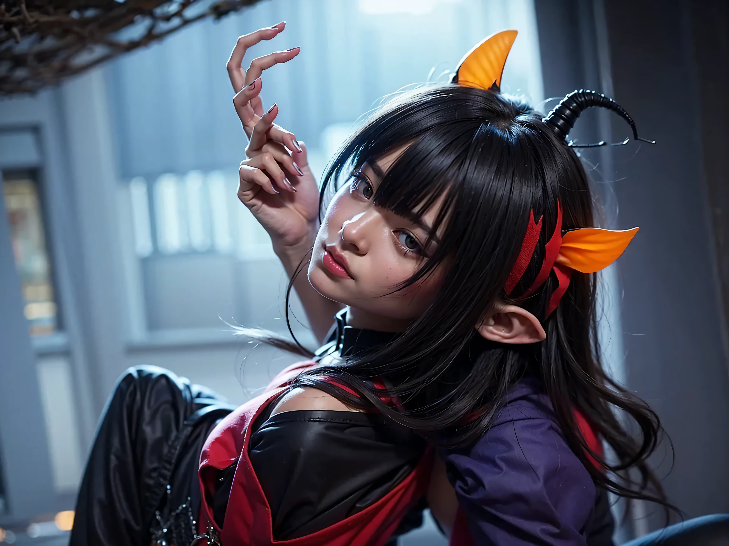 a elf girl with small yellow horns, extremely detailed artgerm, red eye, black hair, black and red clothes