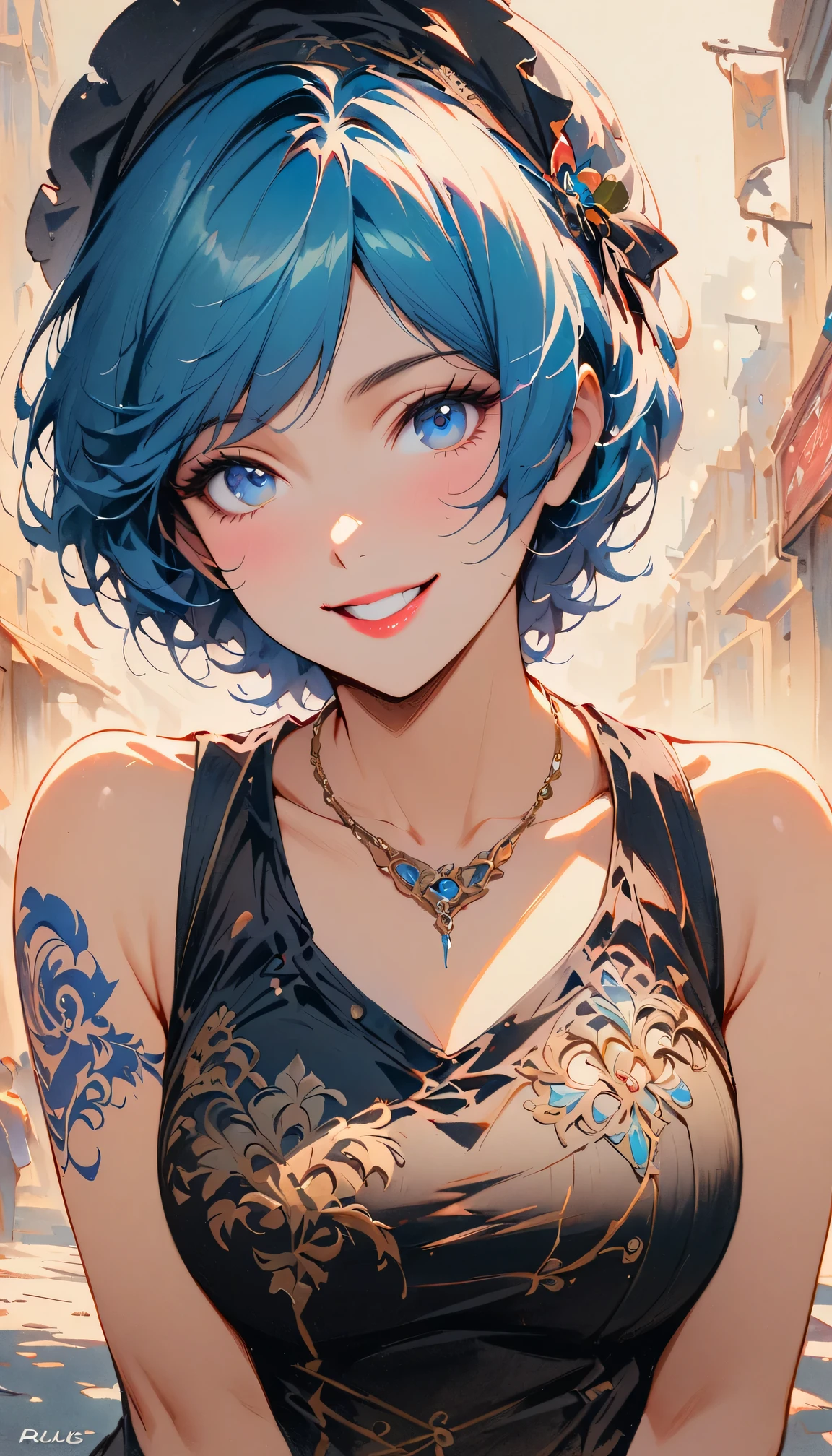 Retro movie style, masterpiece, best quality, high quality, Very detailed CG uniform 8k wallpaper, 1 girl, alone, blue hair, tattoo, short hair, have, jewelry, Smile, necklace, looking at the audience, have, actual, open mouth, teeth, Upper body, Vest, nose, bare shoulders, artist name, black headdress, clavicle, arm tattoo, blue eyes, lips, Vague, painting, traditional media, Award-winning photography, Bokeh, depth of field, high dynamic range, bloom, Color difference, realism, Very detailed, artstation intricate, high detail, dramatic, midway art