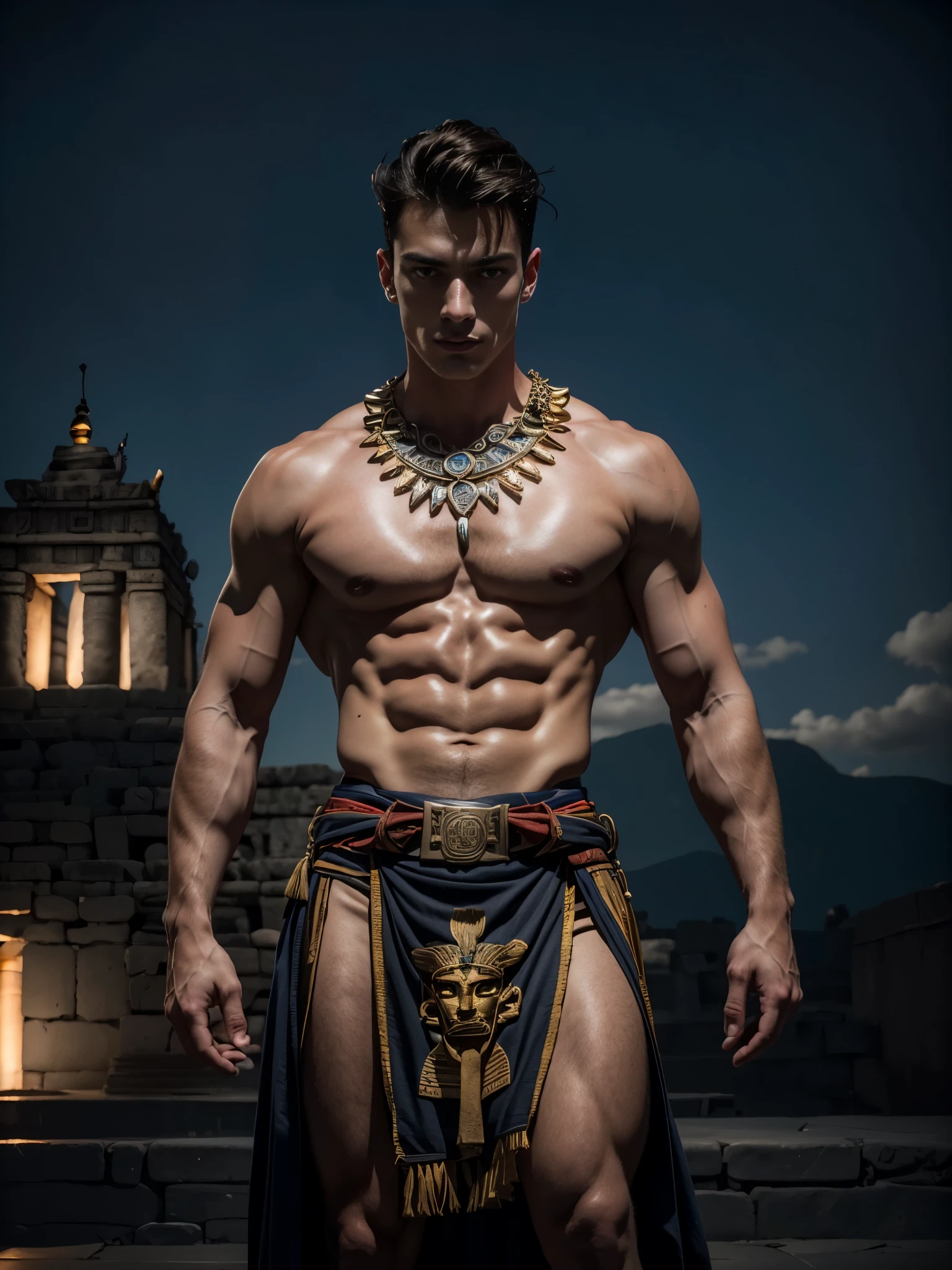 Photorealistic, mexican male model , ((best quality)), ((masterpiece)), (detailed),masculine portrait of young aztec god prince, 18-year-old male models, handsome, tall, cute looking, evil look, dark look, powerful, young male, handsome model, clean shave, green eyes. (short curly messy brown hair), messy curly hair, (short hair:1.4) strong, muscular, fit, massive muscles, six pack, shirtless, barechested, muscle, ripped, strong body, fit body, aztec neckless, aztec loincloth, (aztec draped cloth skirt), aztec garment, aztec pyramid in the background, (dark night background:1.2) (aztec temple:1.4), 8k, high detailed, ultra-detailed, Stylish Pose, real skin texture, dark cinematic lighting,
