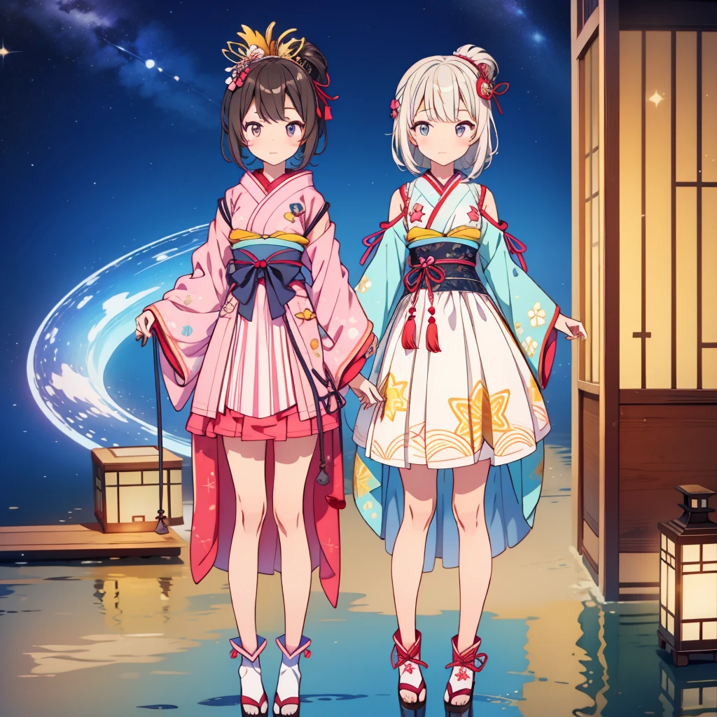 1girl、vtuber-fullbody、Star Fairy、masterpiece、official art、Super detailed、super beautiful、かわいいStar Fairy、white straight short hair、Milky Way、universe、star charm、star、、Knee-high boots、Japanese pattern dress、A beautiful girl wearing black and white clothes that are a remake of a yukata.、universeを思わせるOiranフリルドレス、Oiran、simple background、