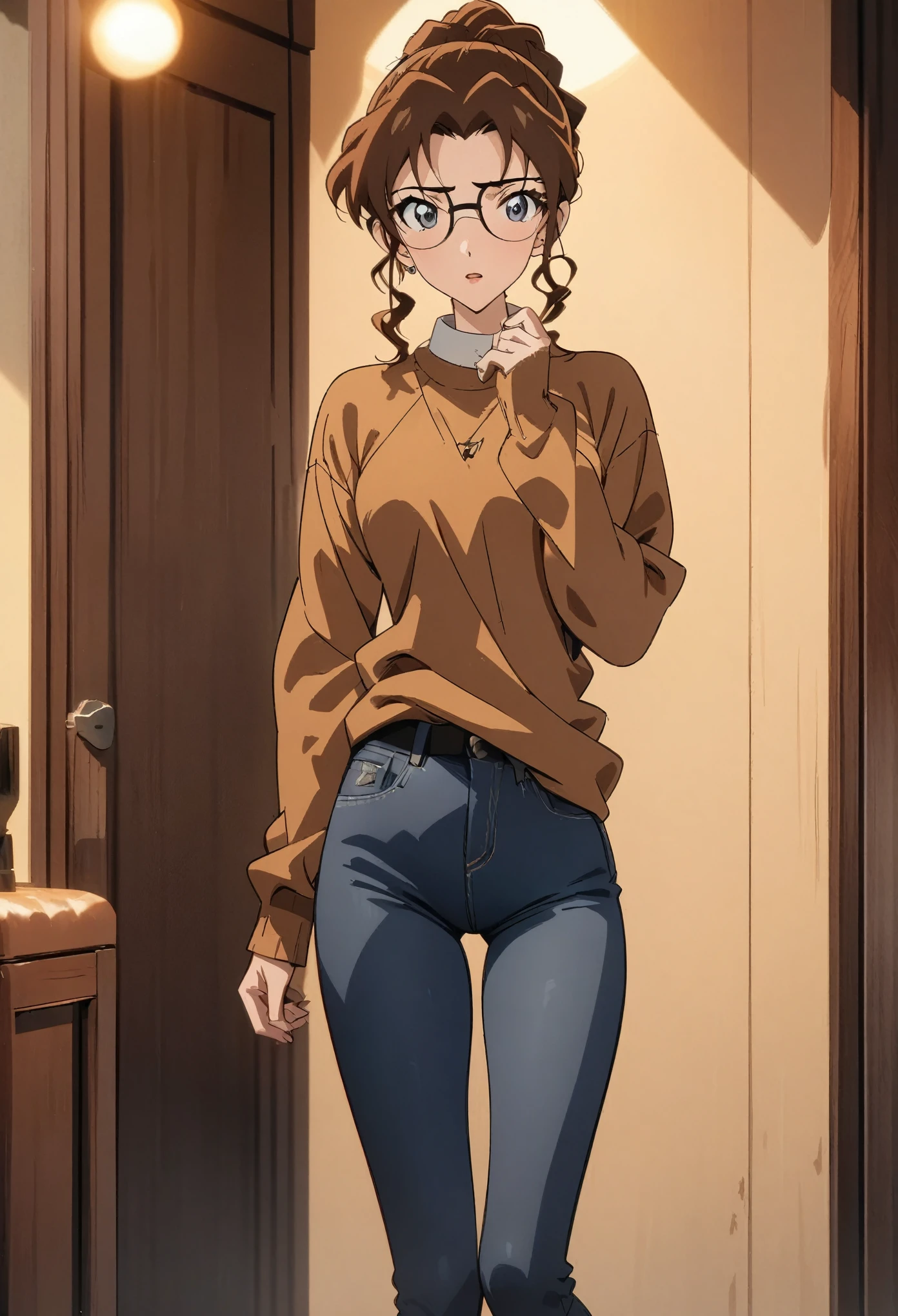 Skinny jeans beauty，masterpiece，anime style，highest quality，brown hair，wearing glasses，full-body shot，Perfect body
