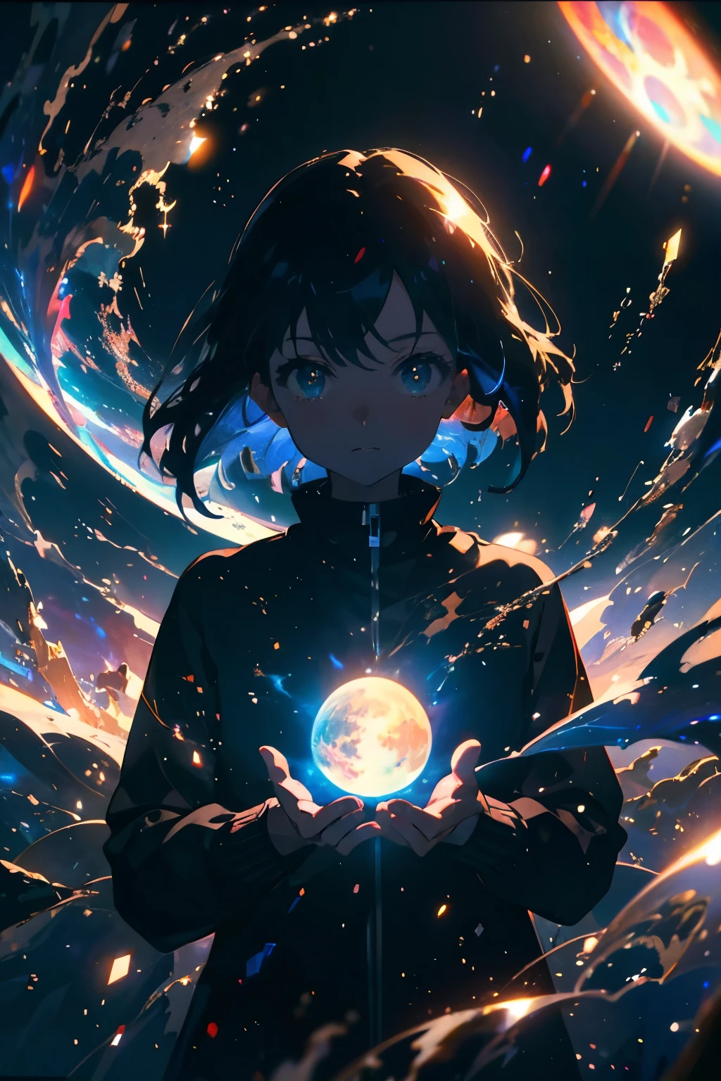 Create exquisite illustrations reminiscent of Makoto Shinkai's style, It has ultra-fine details and top-notch quality. Create a high-quality illustration featuring a beautiful girl opening a door in a fantastical space, revealing a cosmic universe beyond. The scene should depict a sense of wonder and enchantment, with intricate details throughout. Pay close attention to the ethereal quality of the space surrounding the door, with hints of swirling galaxies, distant stars, and celestial phenomena visible beyond the threshold. Ensure that the girl's expression conveys a mix of curiosity, awe, and perhaps a touch of trepidation as she ventures into the unknown. The illustration should evoke a feeling of magical discovery and the infinite possibilities of the cosmos. best quality, masterpiece, expressive eyes, gorgeous, vivid, perfect face, smile, happyness, 2eyes, emotion, detailed pupils, vivid pupils,stunning, life, relfection, peace, warm, compsition, artistic, 4k, wallpaper, bonnet, wind, glowing eyes,