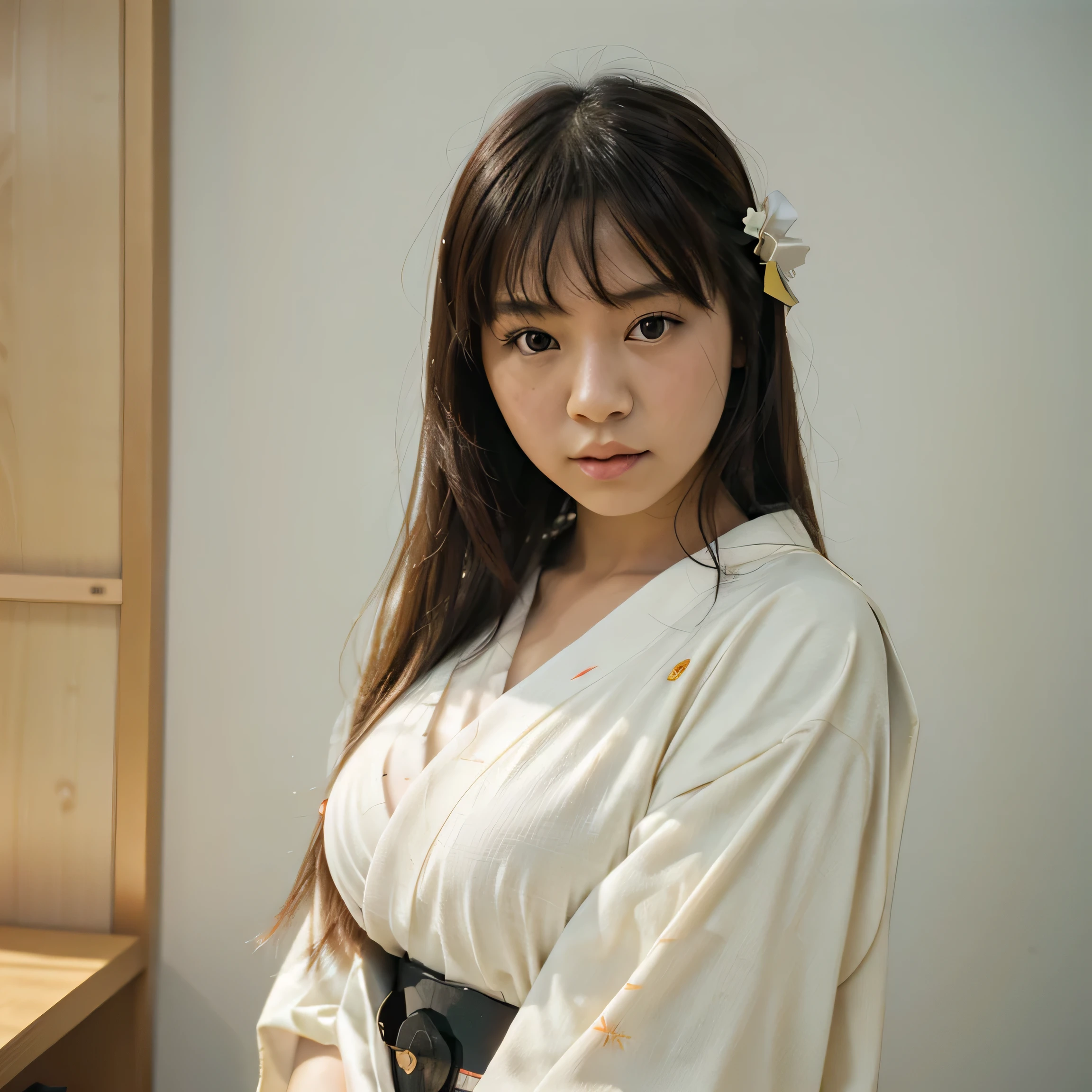 half body portrait of a very young Japanese girl Amanda Martine with large natural breasts shot on Kodak gold 400 film, white studio wall, facing forward, holding a pencil (Japanese girl Amanda Martine), wearing kimono, pouting