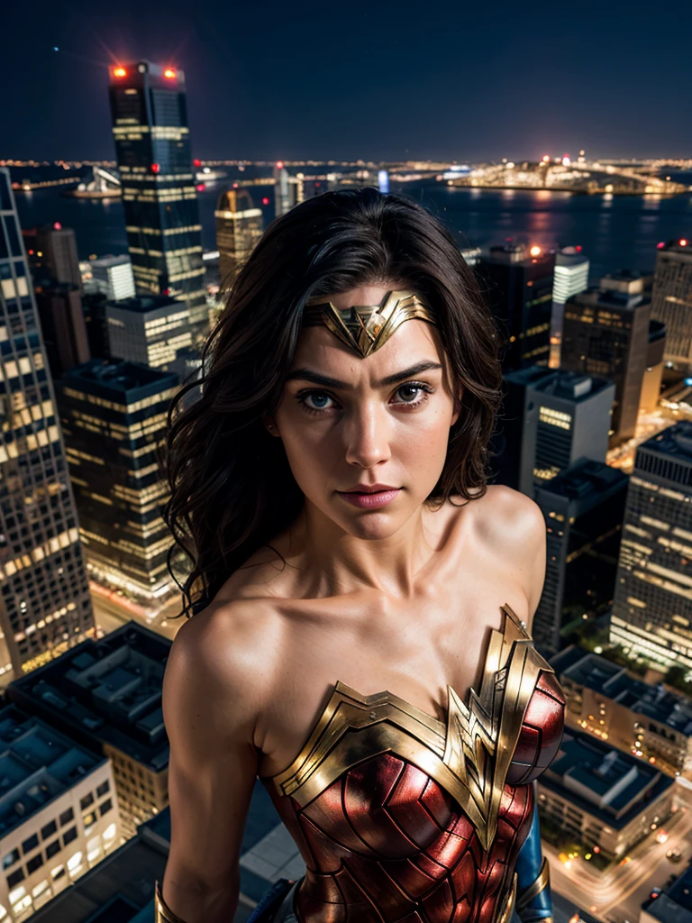 Half body, hyperrealism, (photorealistic:1.2), (photorealistic light:1.3), masterpiece, best quality, perfect detail, professional photo, realistic photo, raw photo, realistic style, detailed face, Wonder Woman, posing on the roof of a skyscraper, night, lights  cities.